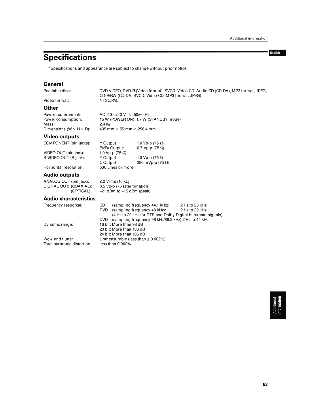 JVC XV-N5SL manual Specifications 