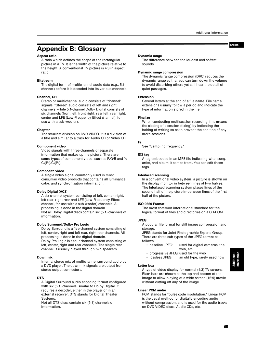 JVC XV-N5SL manual Appendix B Glossary, Dts 