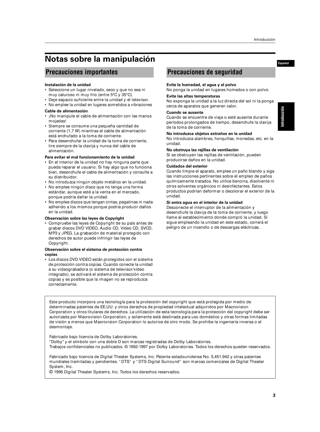 JVC XV-N5SL manual Notas sobre la manipulación, Precauciones importantes Precauciones de seguridad 