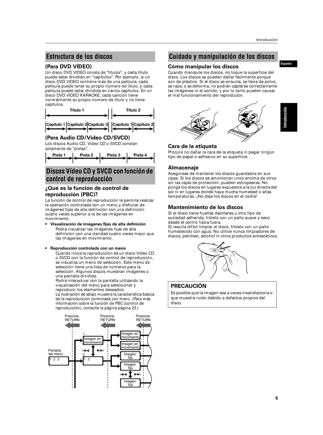 JVC XV-N5SL manual Estructura de los discos, Cuidado y manipulación de los discos 