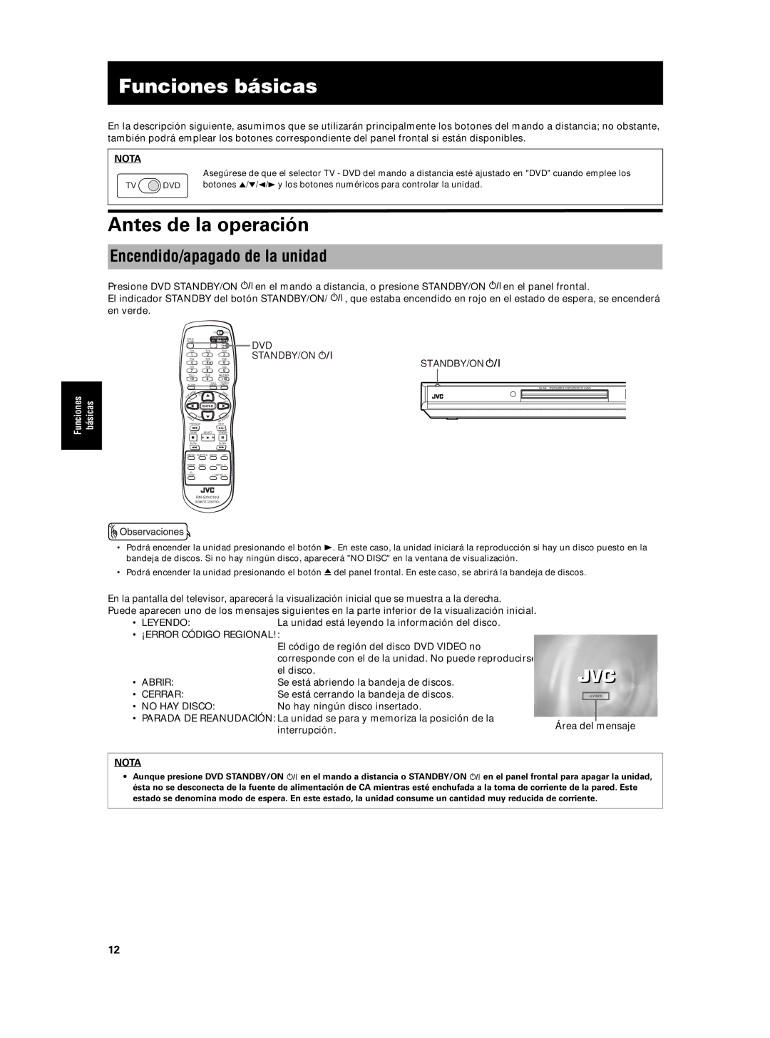 JVC XV-N5SL manual Funciones básicas, Antes de la operación, Encendido/apagado de la unidad 