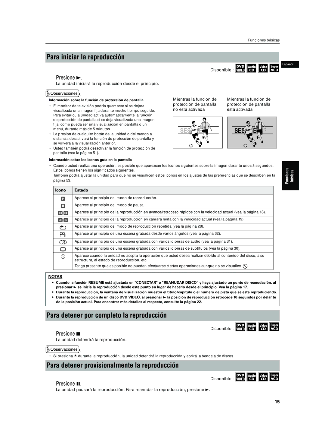 JVC XV-N5SL manual Para iniciar la reproducción, Para detener por completo la reproducción, Presione, Icono Estado 