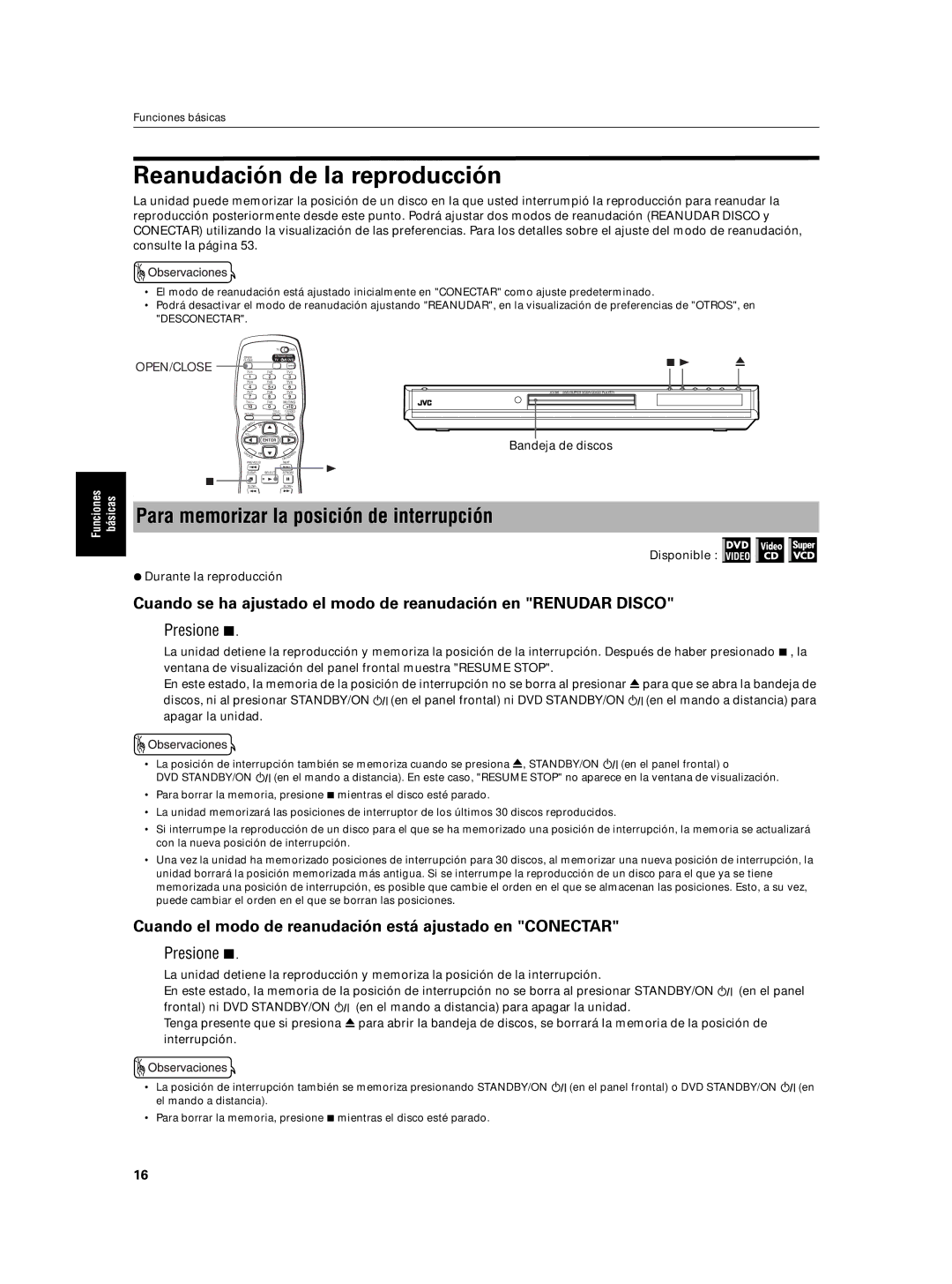 JVC XV-N5SL manual Reanudación de la reproducción, Para memorizar la posición de interrupción 