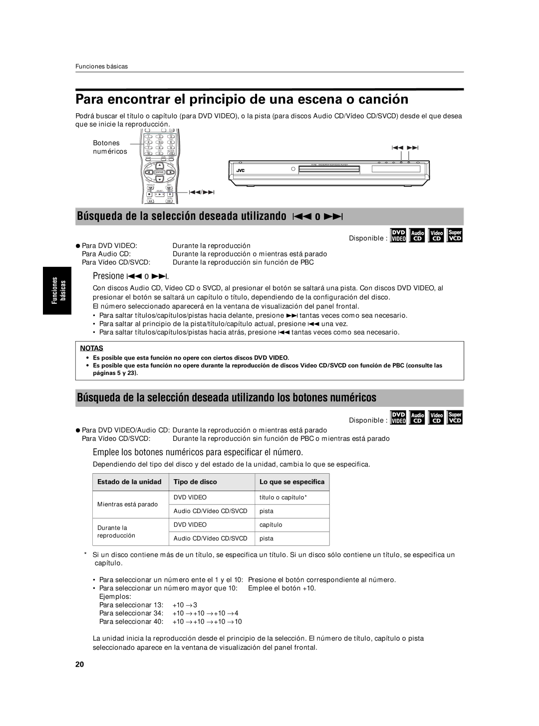 JVC XV-N5SL manual Para encontrar el principio de una escena o canción, Búsqueda de la selección deseada utilizando 4 o ¢ 