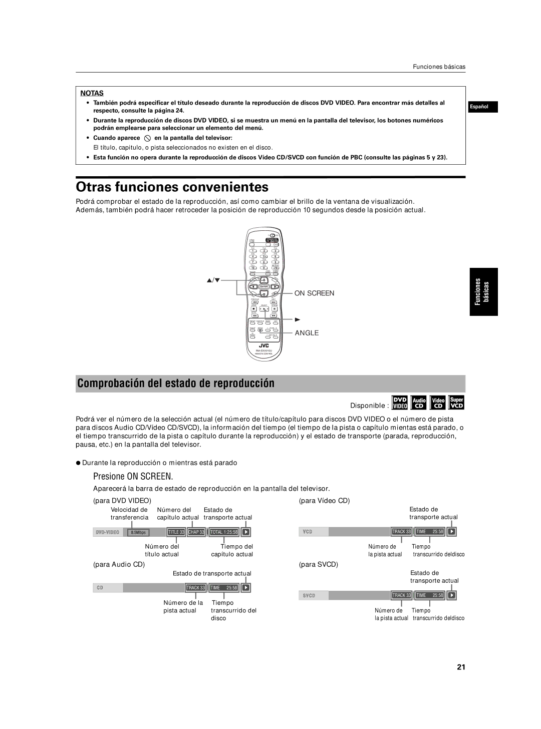 JVC XV-N5SL manual Otras funciones convenientes, Comprobación del estado de reproducción, Presione on Screen 