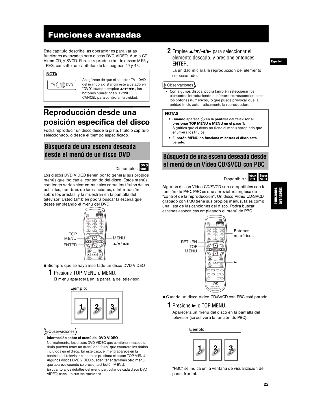 JVC XV-N5SL manual Funciones avanzadas, Presione TOP Menu o Menu, Presione 3 o TOP Menu 