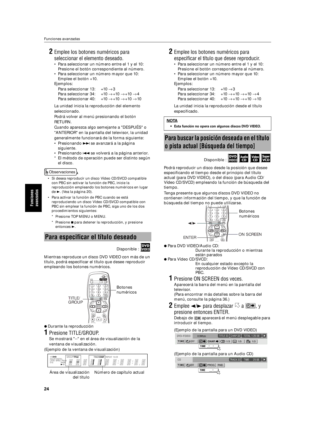 JVC XV-N5SL manual Para especificar el título deseado, Presione TITLE/GROUP, Presione on Screen dos veces, Return, Title 