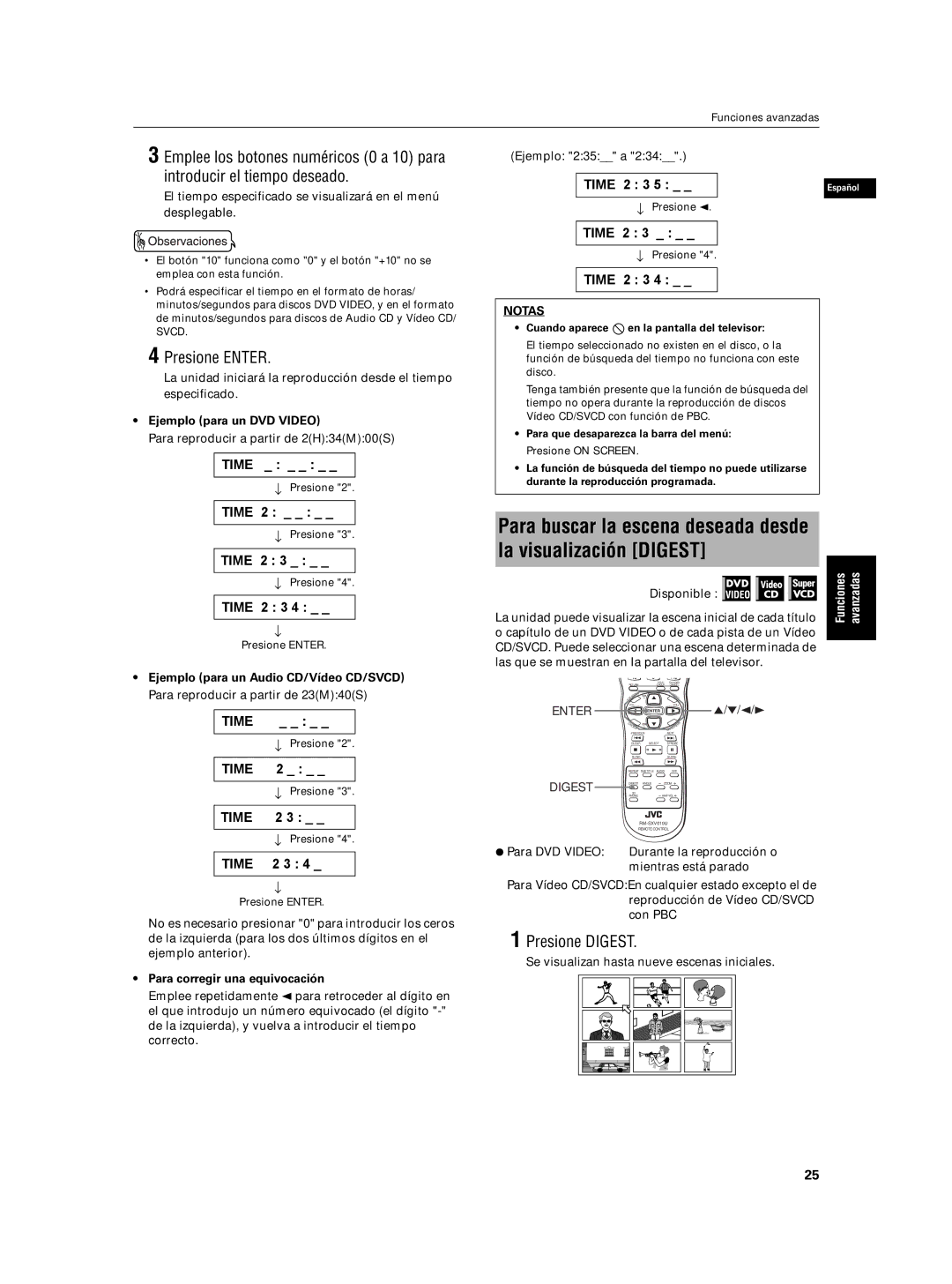 JVC XV-N5SL manual Para buscar la escena deseada desde la visualización Digest, Presione Digest, Ejemplo para un DVD Video 