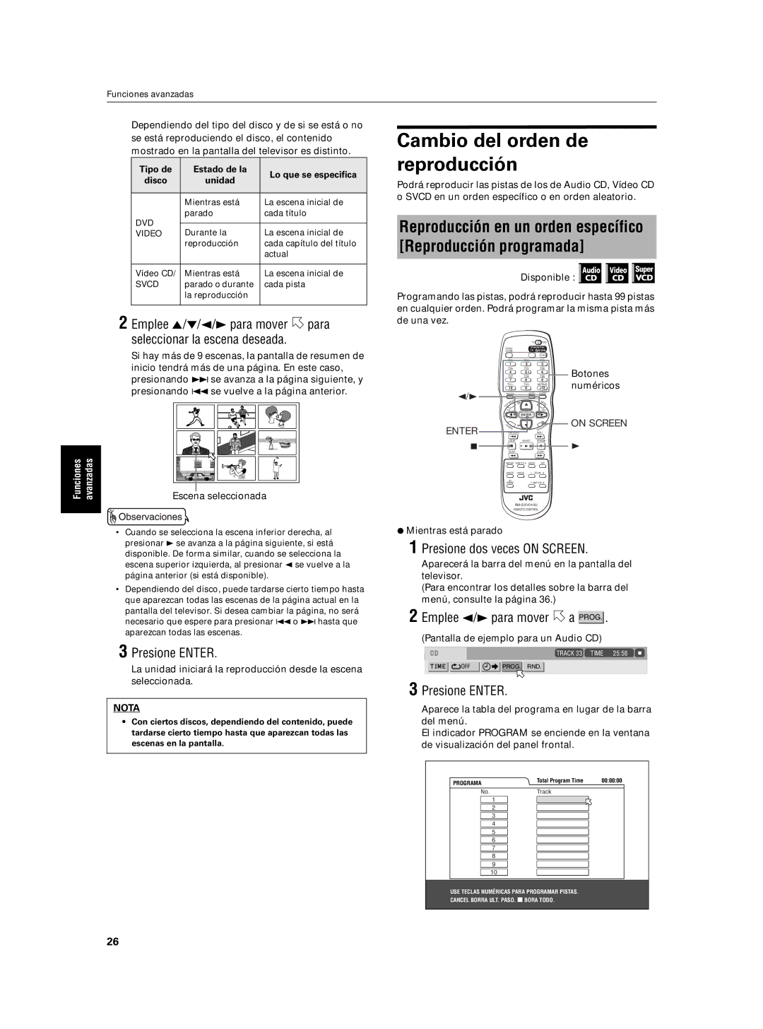 JVC XV-N5SL manual Cambio del orden de reproducción, Presione dos veces on Screen, Emplee 2/3 para mover a Prog 