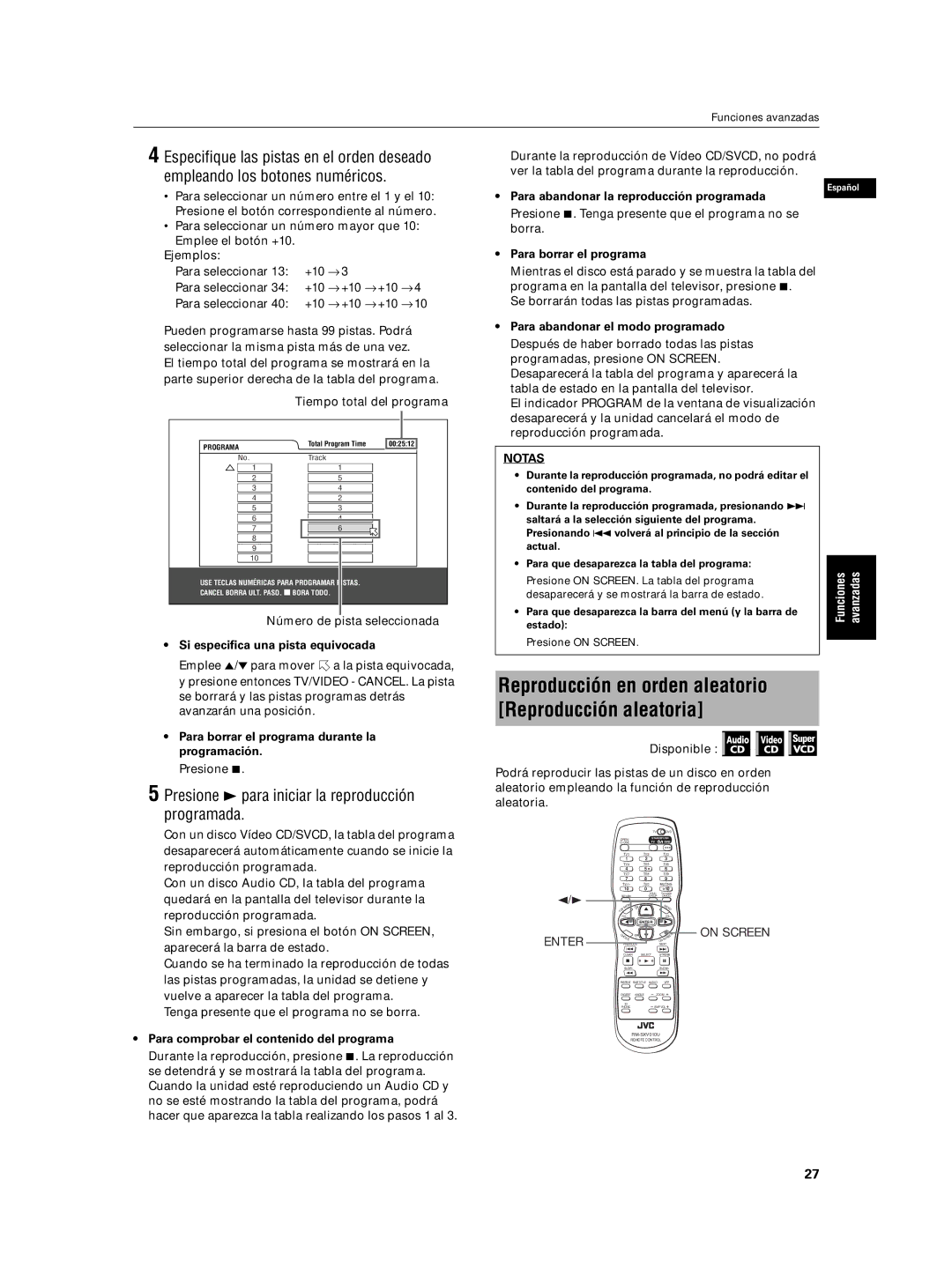 JVC XV-N5SL manual Presione 3 para iniciar la reproducción programada, Si especifica una pista equivocada 