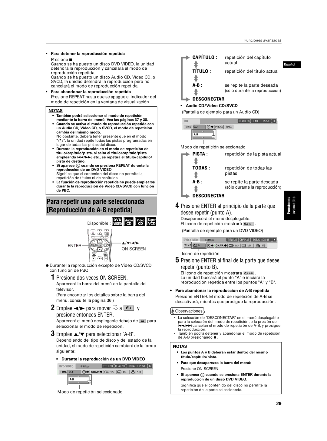 JVC XV-N5SL Emplee 2/3 para mover a , y presione entonces Enter, Emplee 5/∞ para seleccionar A-B, Desee repetir punto a 