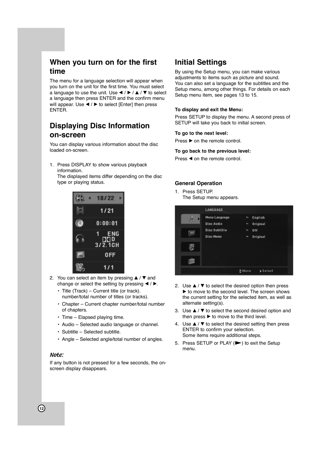 JVC XV-N670B, XV-N672S manual When you turn on for the first time, Displaying Disc Information on-screen, Initial Settings 