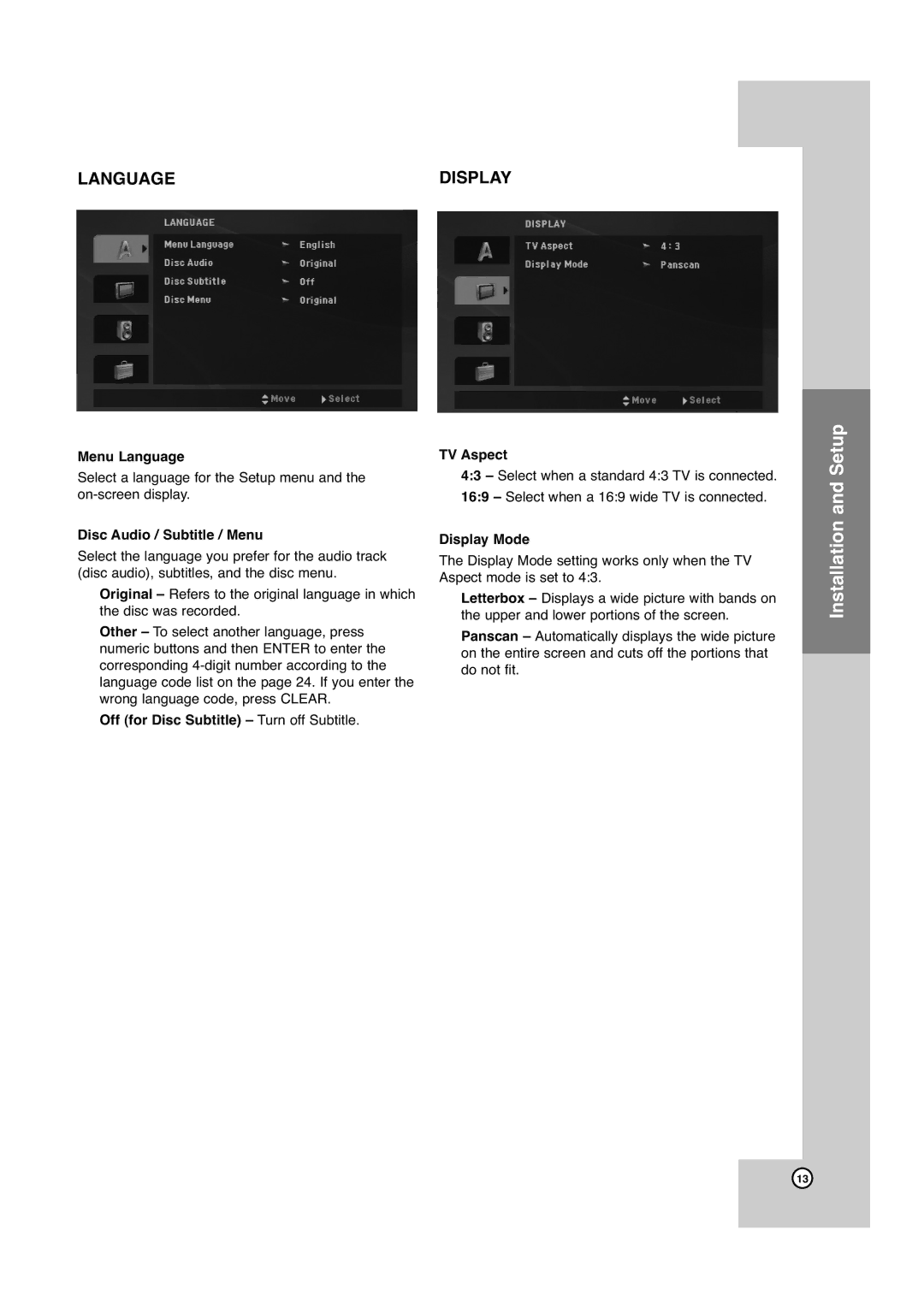 JVC XV-N672S Menu Language, Disc Audio / Subtitle / Menu, Off for Disc Subtitle Turn off Subtitle TV Aspect, Display Mode 