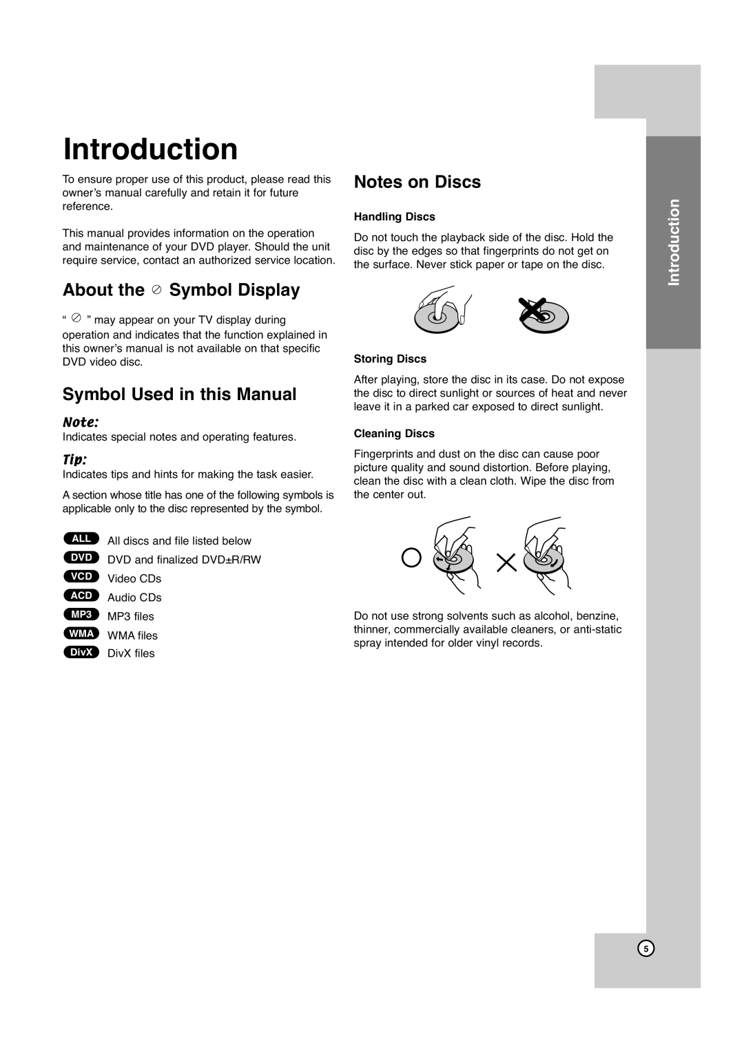 JVC XV-N672S, XV-N670B About the Symbol Display, Symbol Used in this Manual, Handling Discs, Storing Discs, Cleaning Discs 