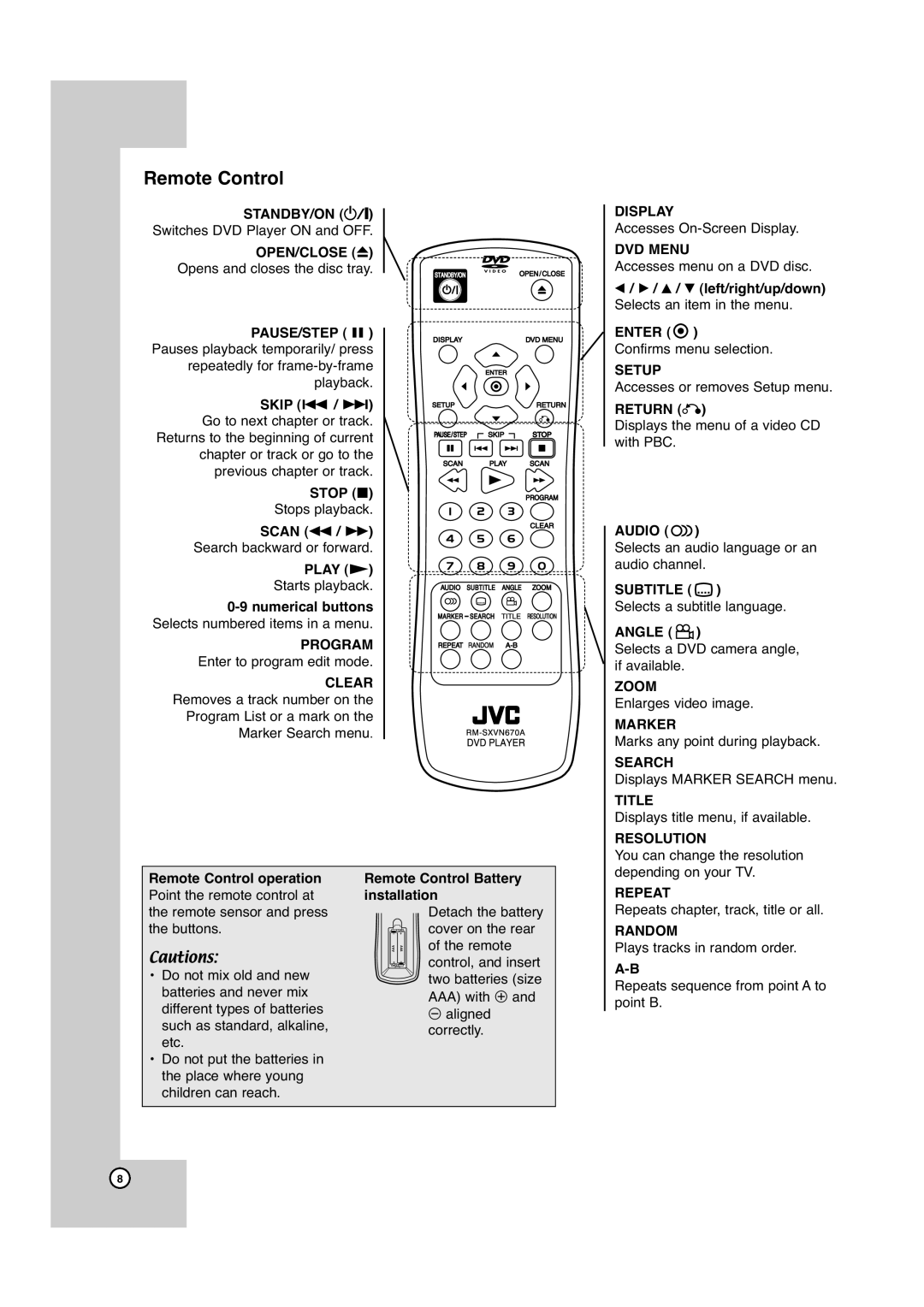 JVC XV-N670B manual Stop, Scan m / M, Program Enter to program edit mode, Audio, Angle, Remote Control Battery installation 