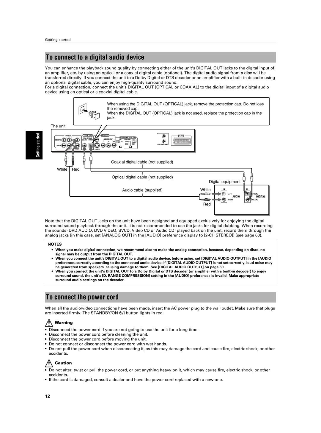 JVC XV-NA7SL manual To connect to a digital audio device, To connect the power cord 