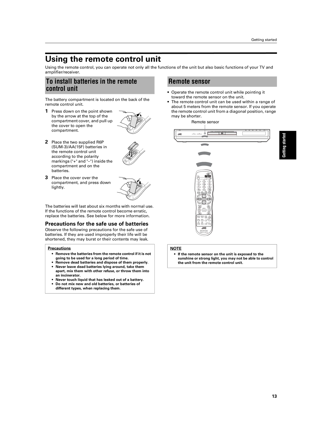 JVC XV-NA7SL Using the remote control unit, To install batteries in the remote control unit, Remote sensor, Precautions 