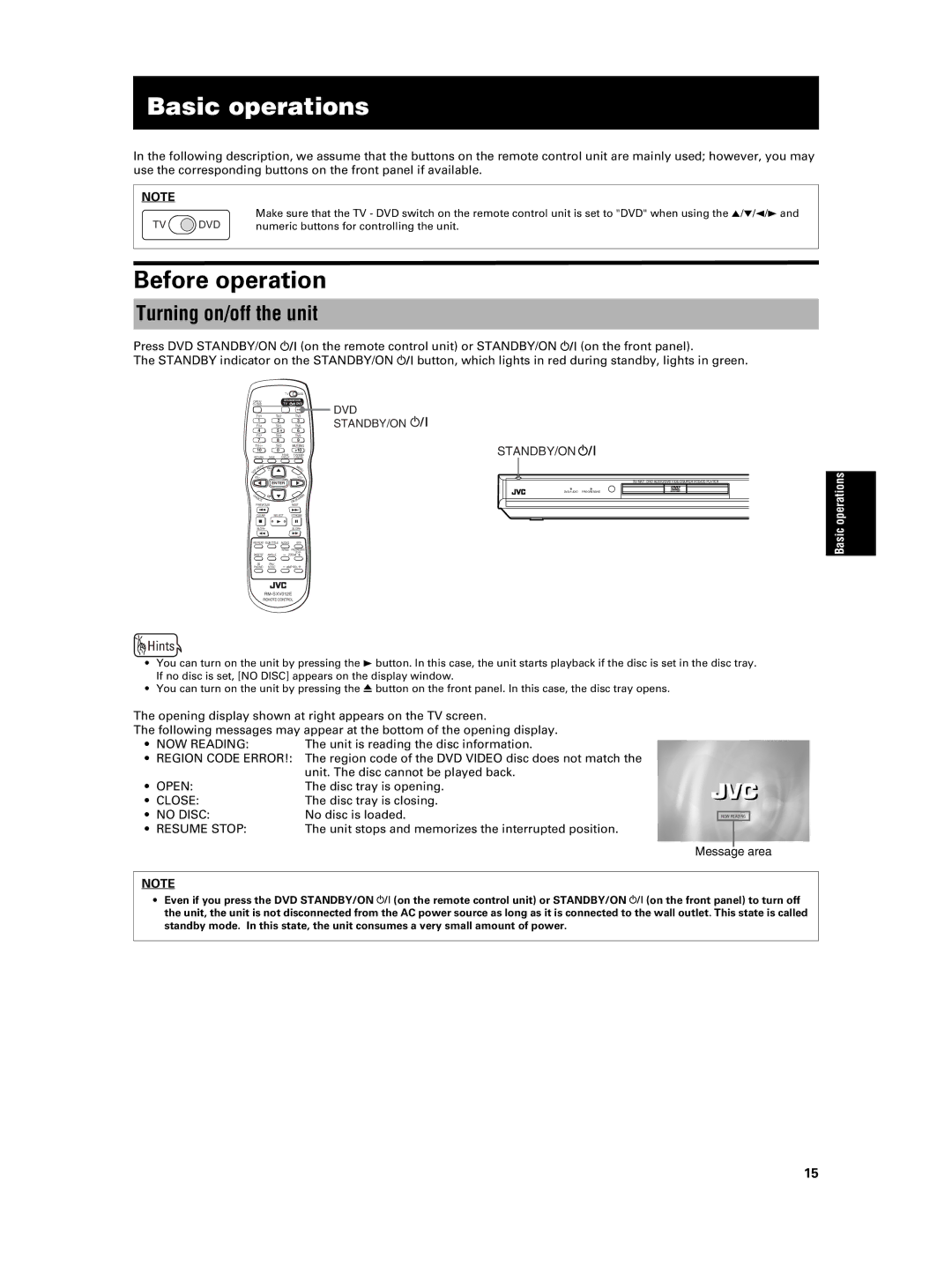 JVC XV-NA7SL manual Before operation, Turning on/off the unit 