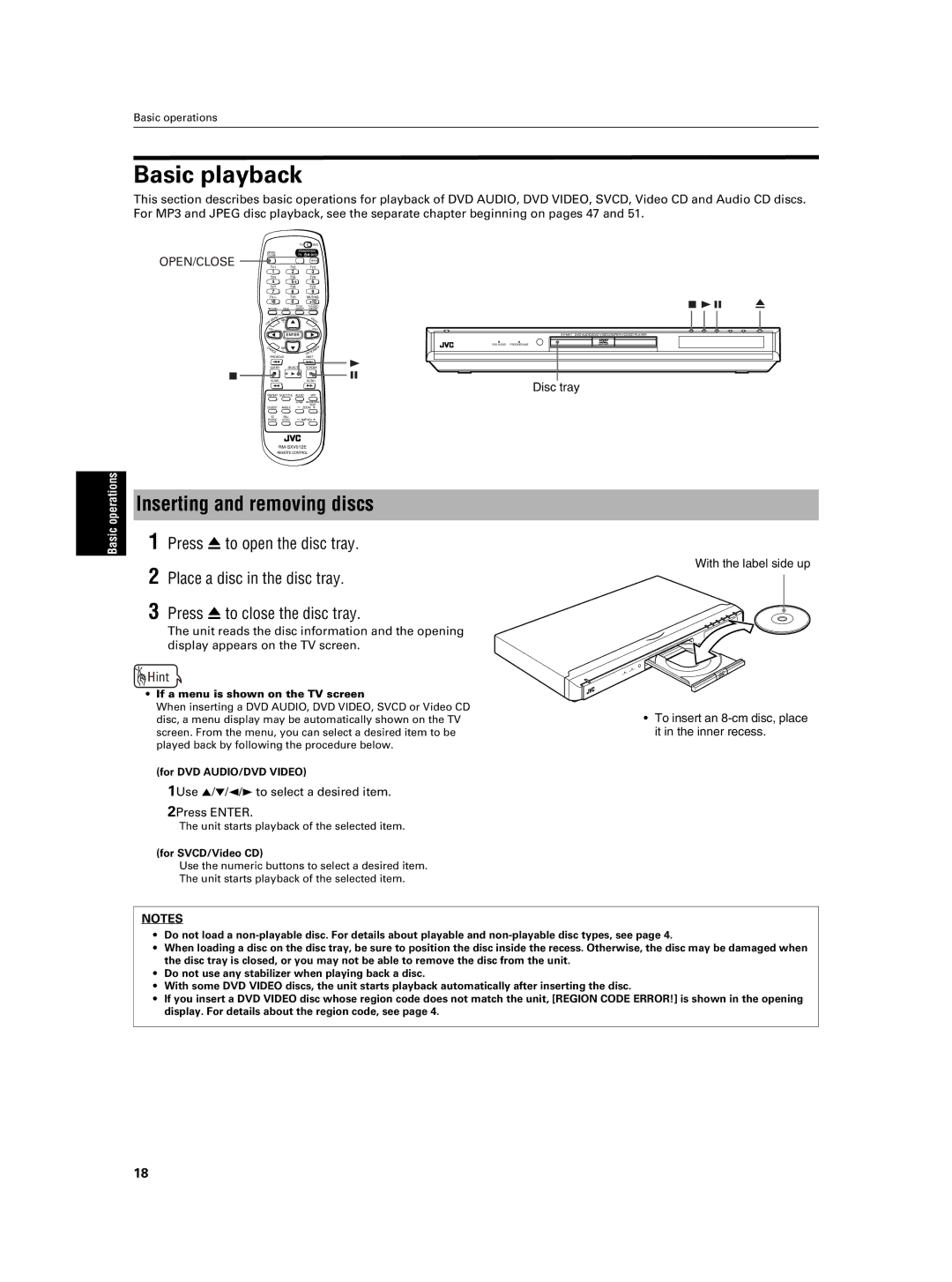 JVC XV-NA7SL Basic playback, Inserting and removing discs, Open/Close, 1Use 5/∞/2/3 to select a desired item 2Press Enter 