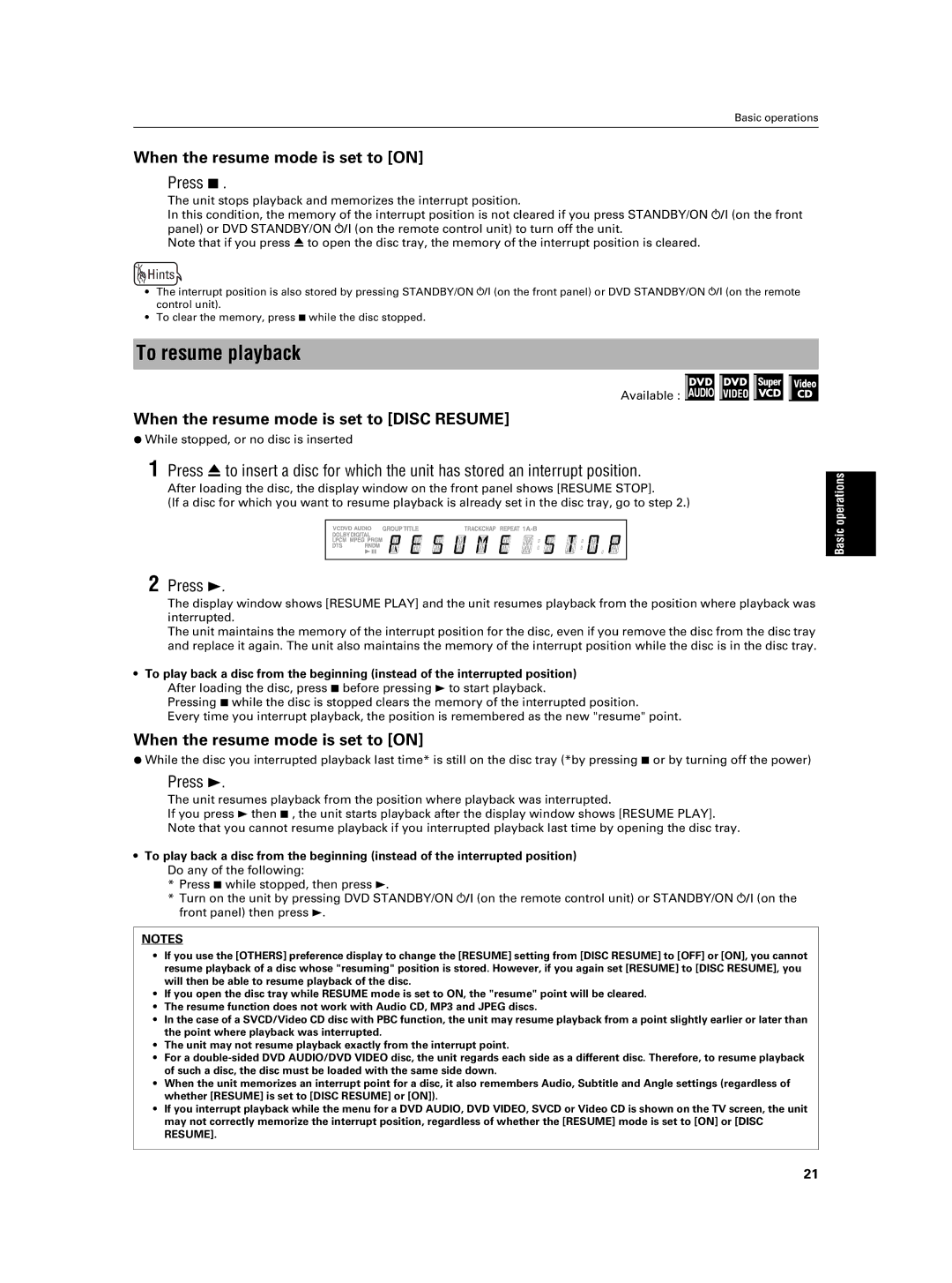 JVC XV-NA7SL manual To resume playback, When the resume mode is set to on, ¶ While stopped, or no disc is inserted 