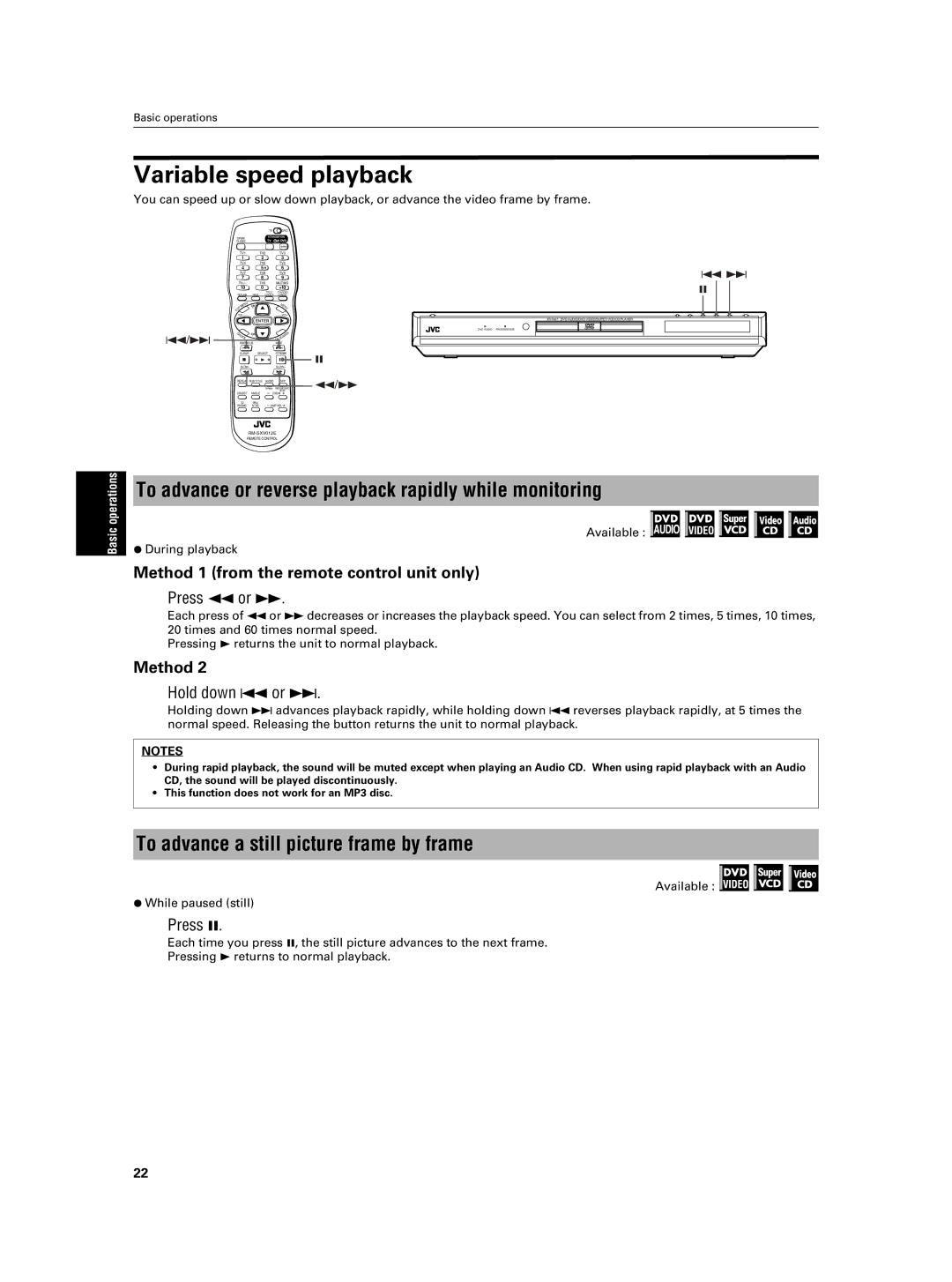 JVC XV-NA7SL manual Variable speed playback, To advance or reverse playback rapidly while monitoring, Method 