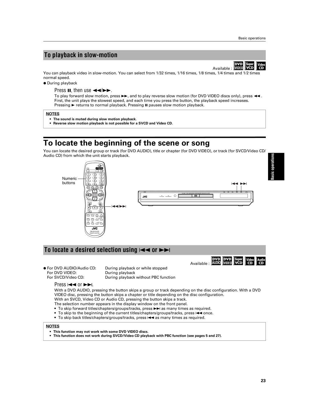 JVC XV-NA7SL To locate the beginning of the scene or song, To playback in slow-motion, Press 8, then use 1/¡, Press 4 or ¢ 