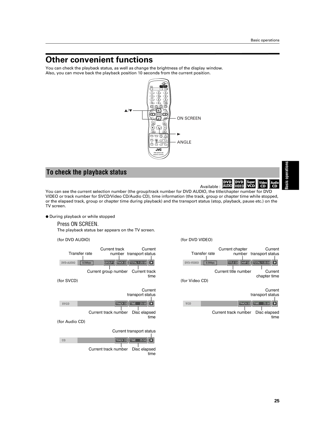 JVC XV-NA7SL manual Other convenient functions, To check the playback status, Press on Screen, On Screen Angle 