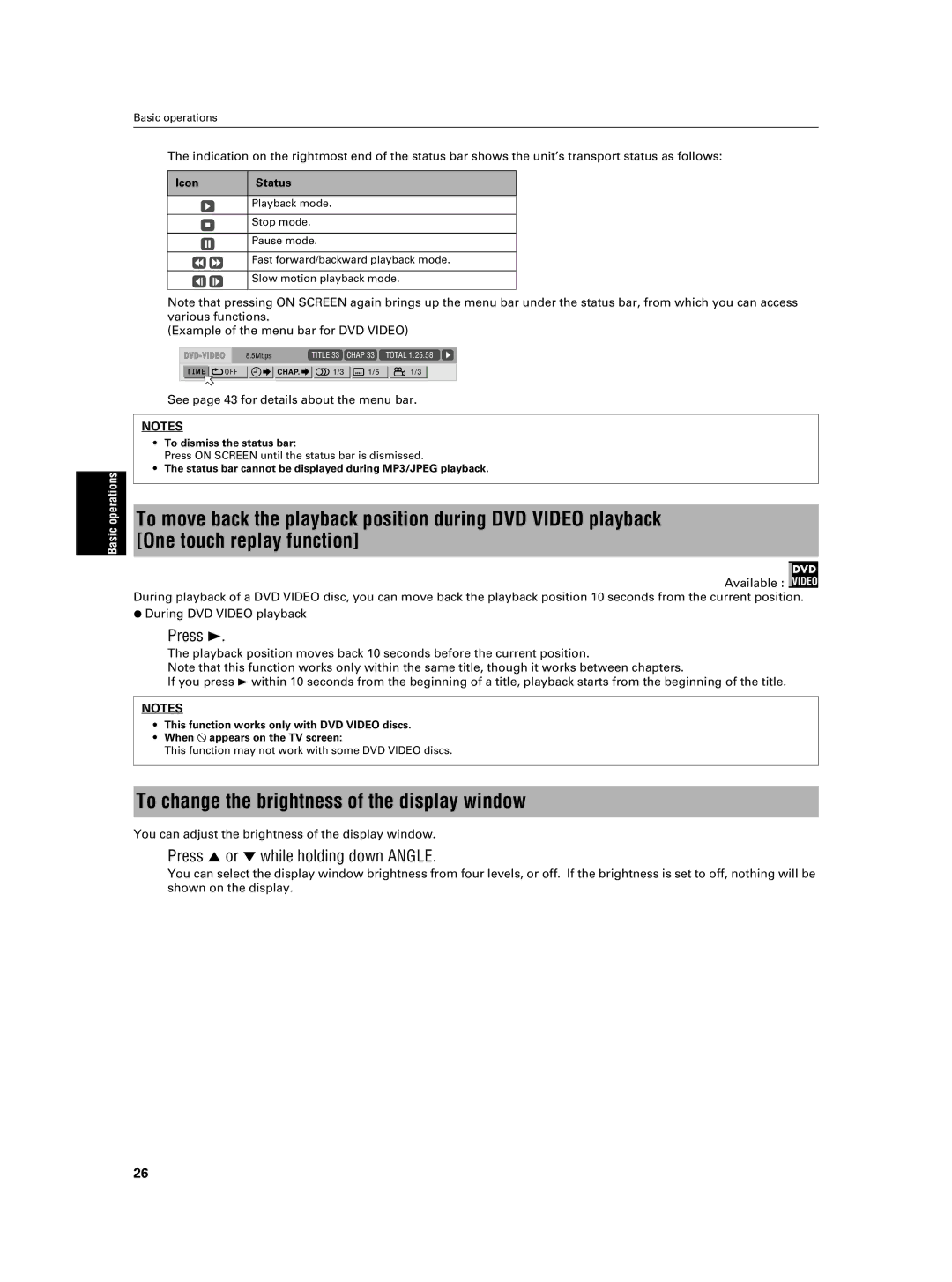 JVC XV-NA7SL manual To change the brightness of the display window, Press 5 or ∞ while holding down Angle 