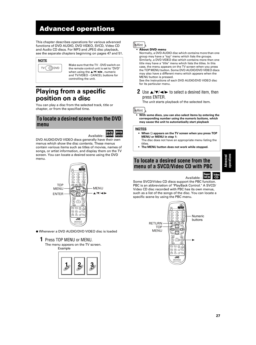 JVC XV-NA7SL manual Playing from a specific position on a disc, To locate a desired scene from the DVD menu, Top, Menu 