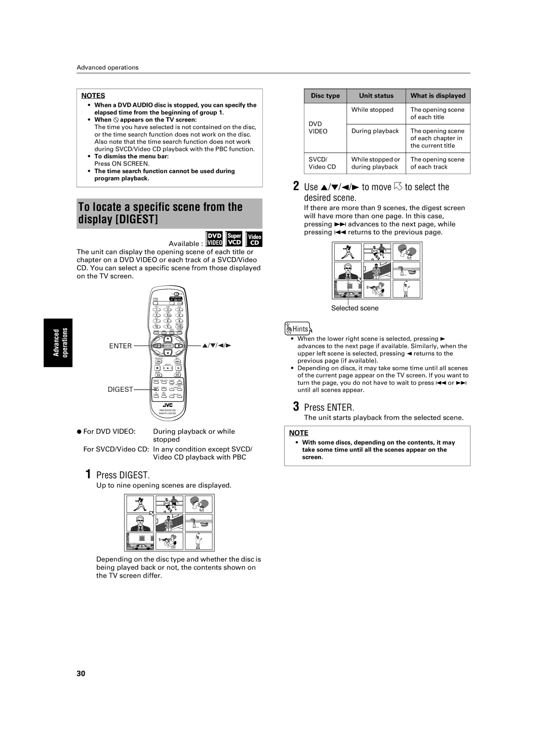 JVC XV-NA7SL To locate a specific scene from the display Digest, Press Digest, Up to nine opening scenes are displayed 