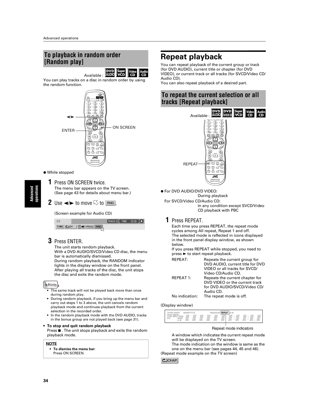 JVC XV-NA7SL manual Repeat playback, To playback in random order Random play, Use 2/3 to move to, Press Repeat 