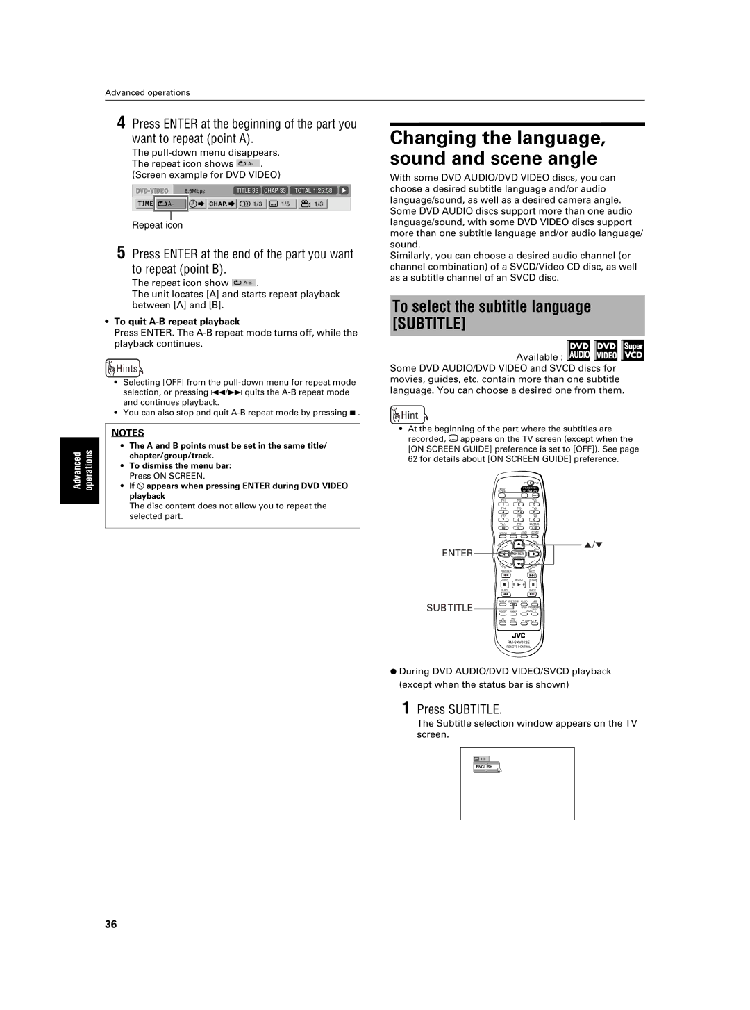 JVC XV-NA7SL manual Changing the language, sound and scene angle, To select the subtitle language Subtitle, Press Subtitle 