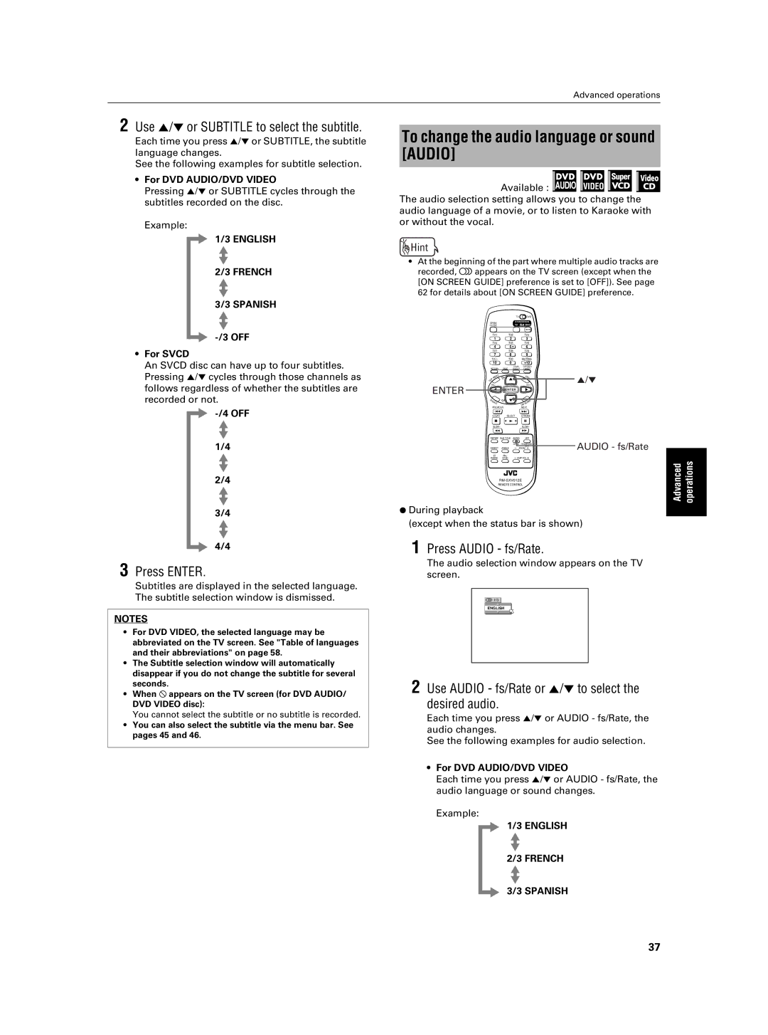 JVC XV-NA7SL To change the audio language or sound Audio, Use 5/∞ or Subtitle to select the subtitle, Press Audio fs/Rate 