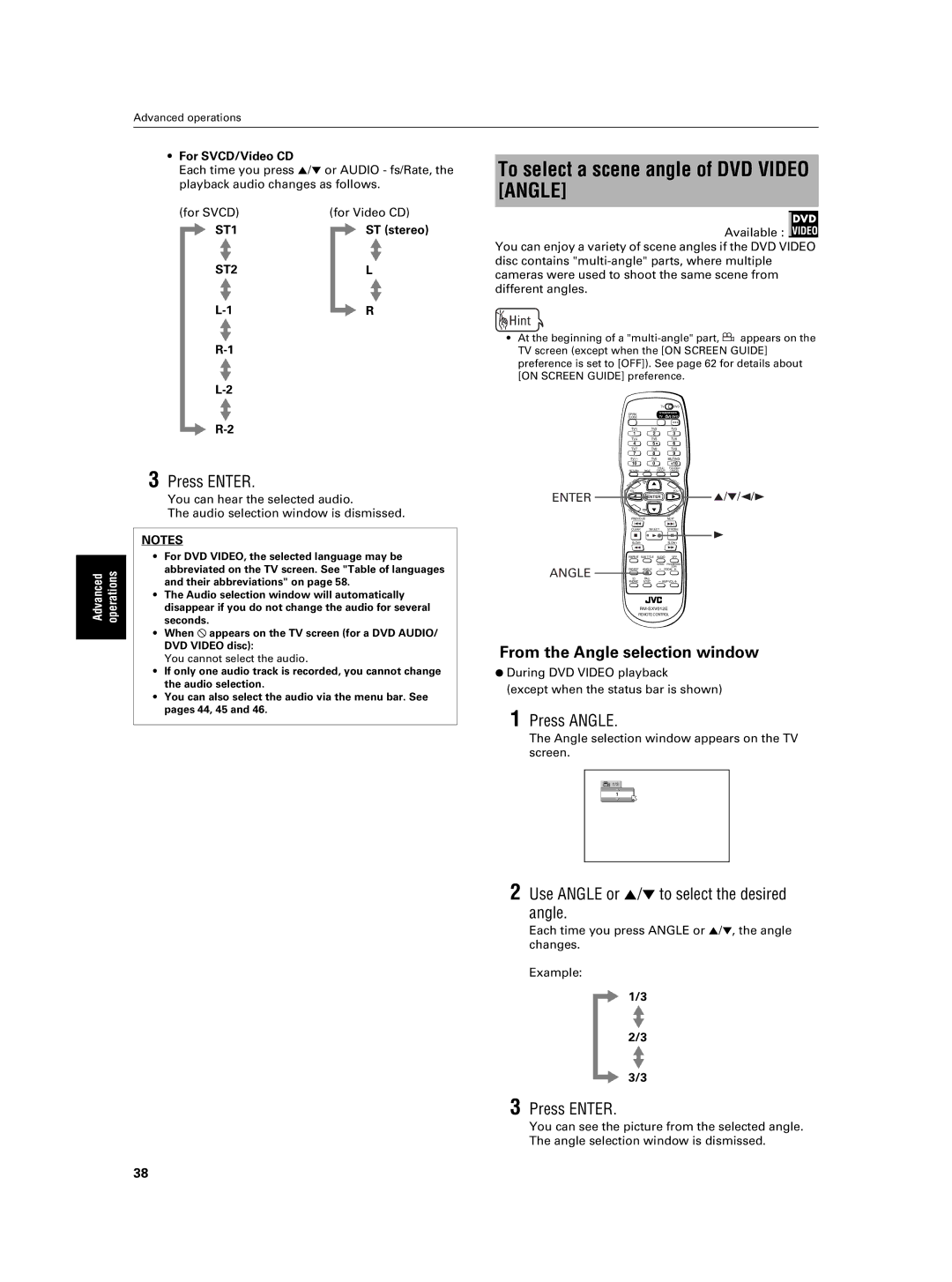 JVC XV-NA7SL manual To select a scene angle of DVD Video Angle, From the Angle selection window, Press Angle 