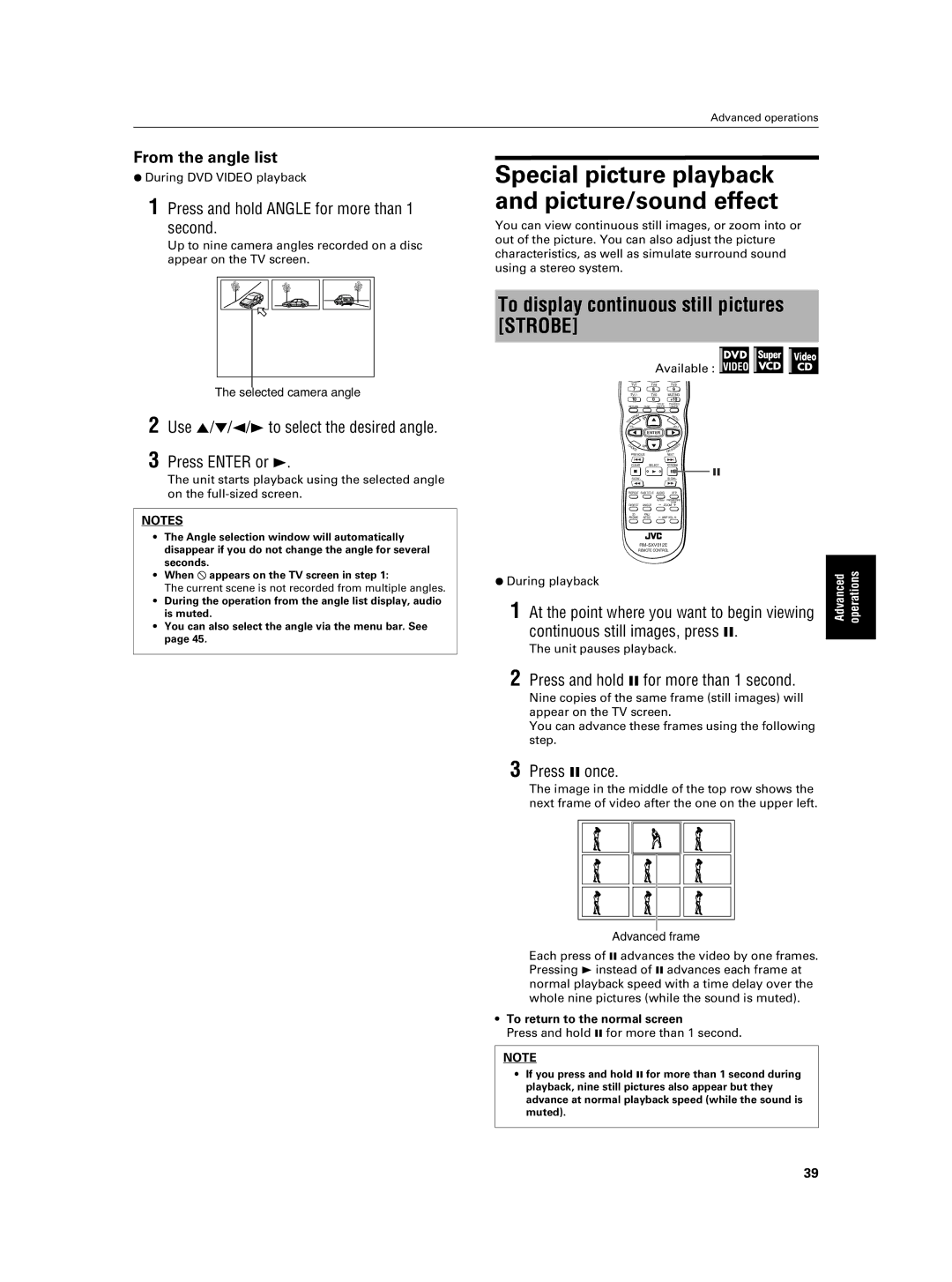 JVC XV-NA7SL manual Special picture playback and picture/sound effect, To display continuous still pictures Strobe 