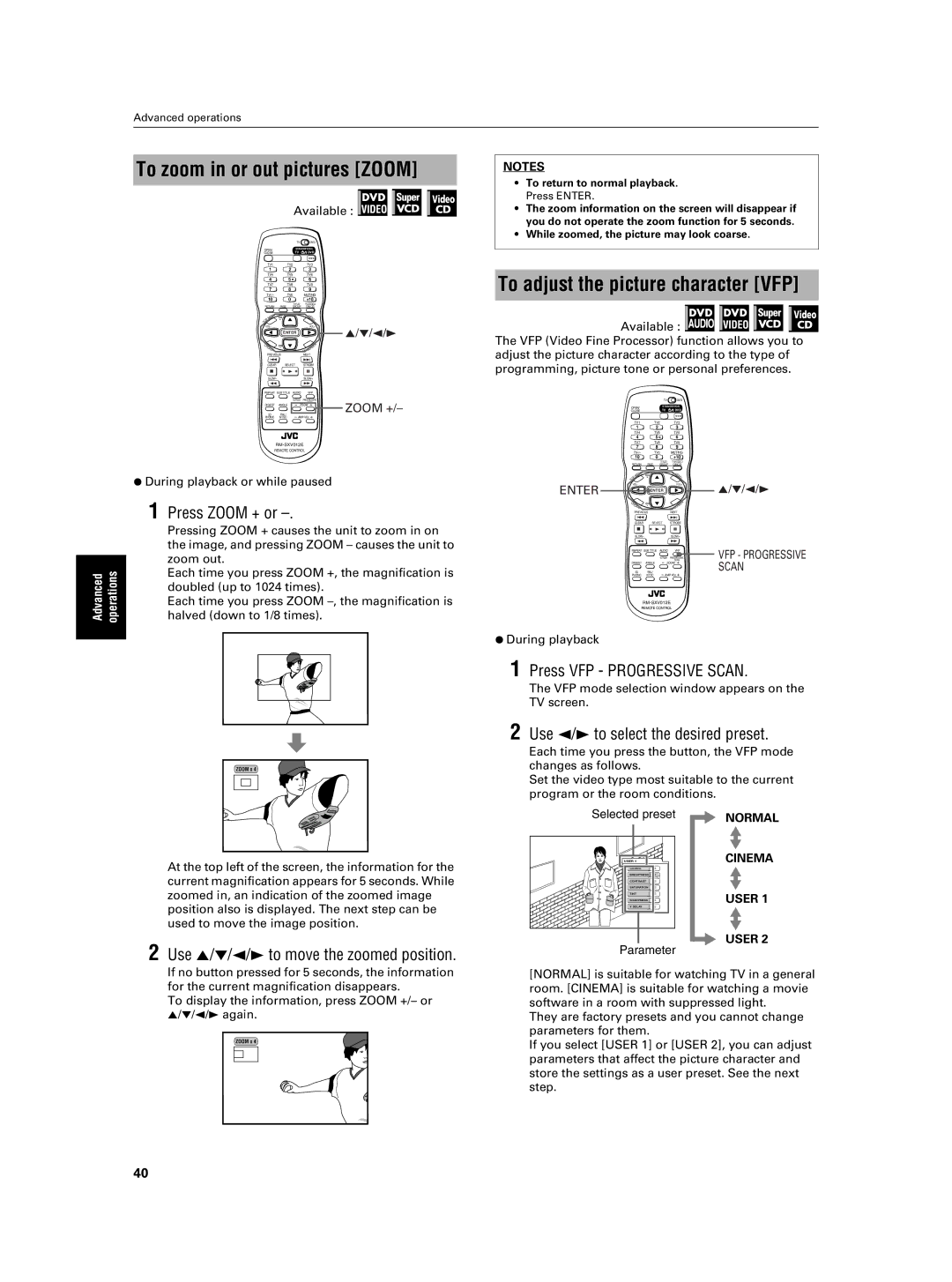 JVC XV-NA7SL To zoom in or out pictures Zoom, To adjust the picture character VFP, Use 5/∞/2/3 to move the zoomed position 