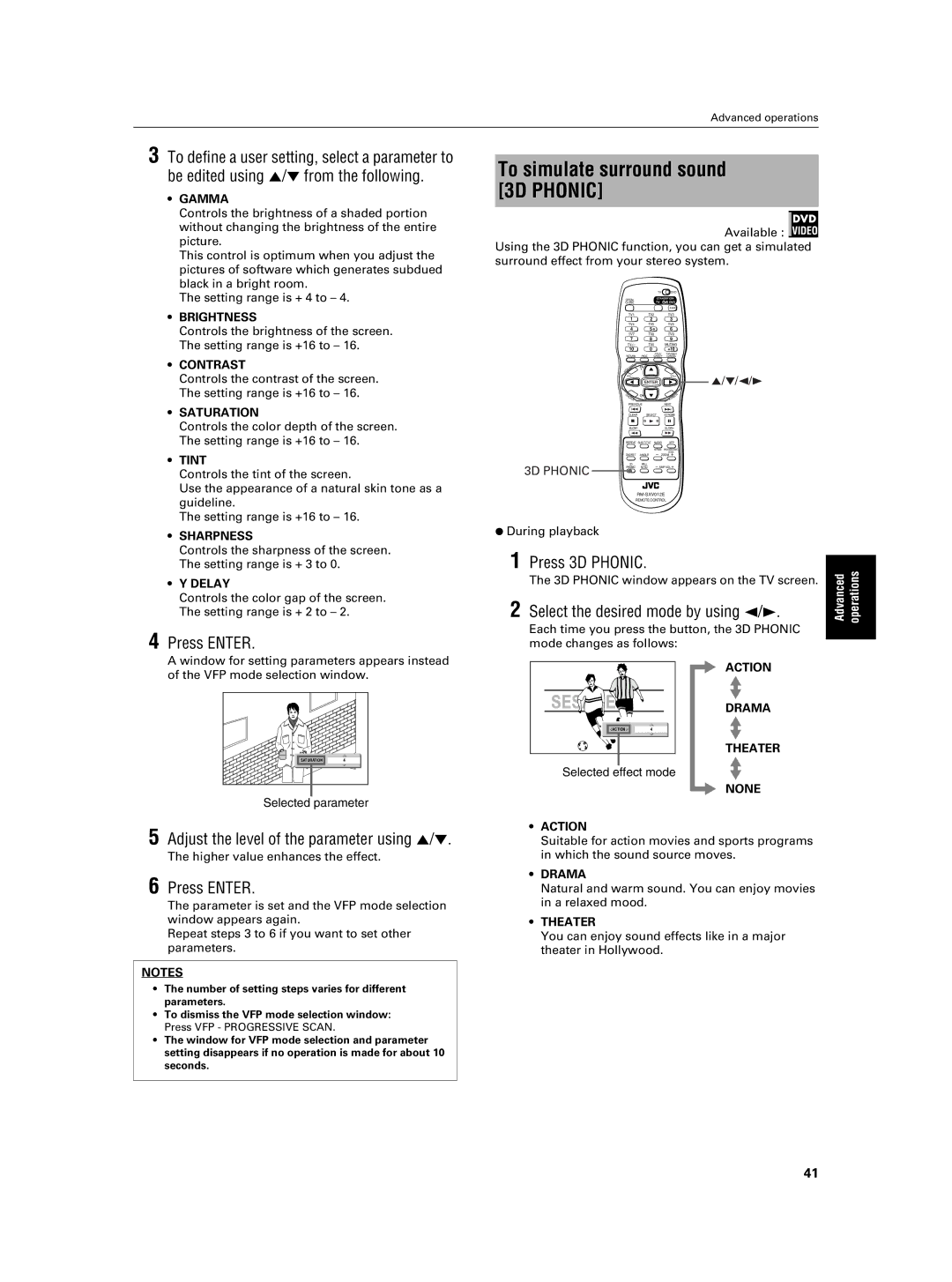 JVC XV-NA7SL manual To simulate surround sound 3D Phonic, Adjust the level of the parameter using 5/∞, Press 3D Phonic 