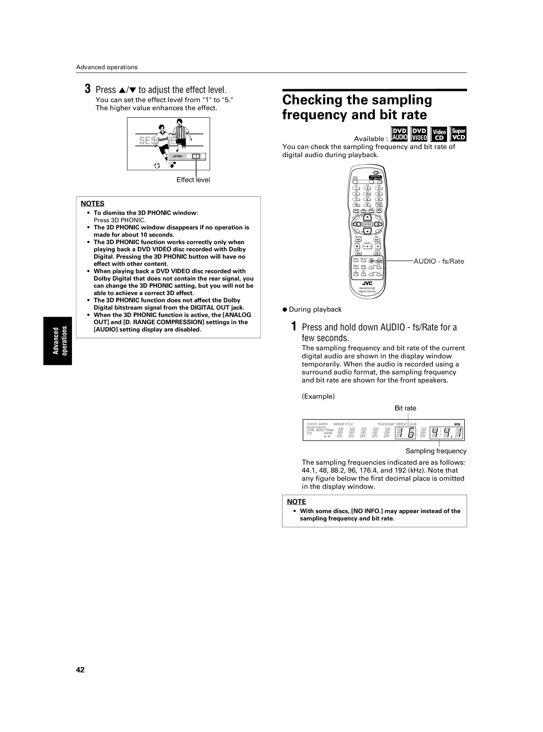 JVC XV-NA7SL manual Checking the sampling frequency and bit rate, Press 5/∞ to adjust the effect level 