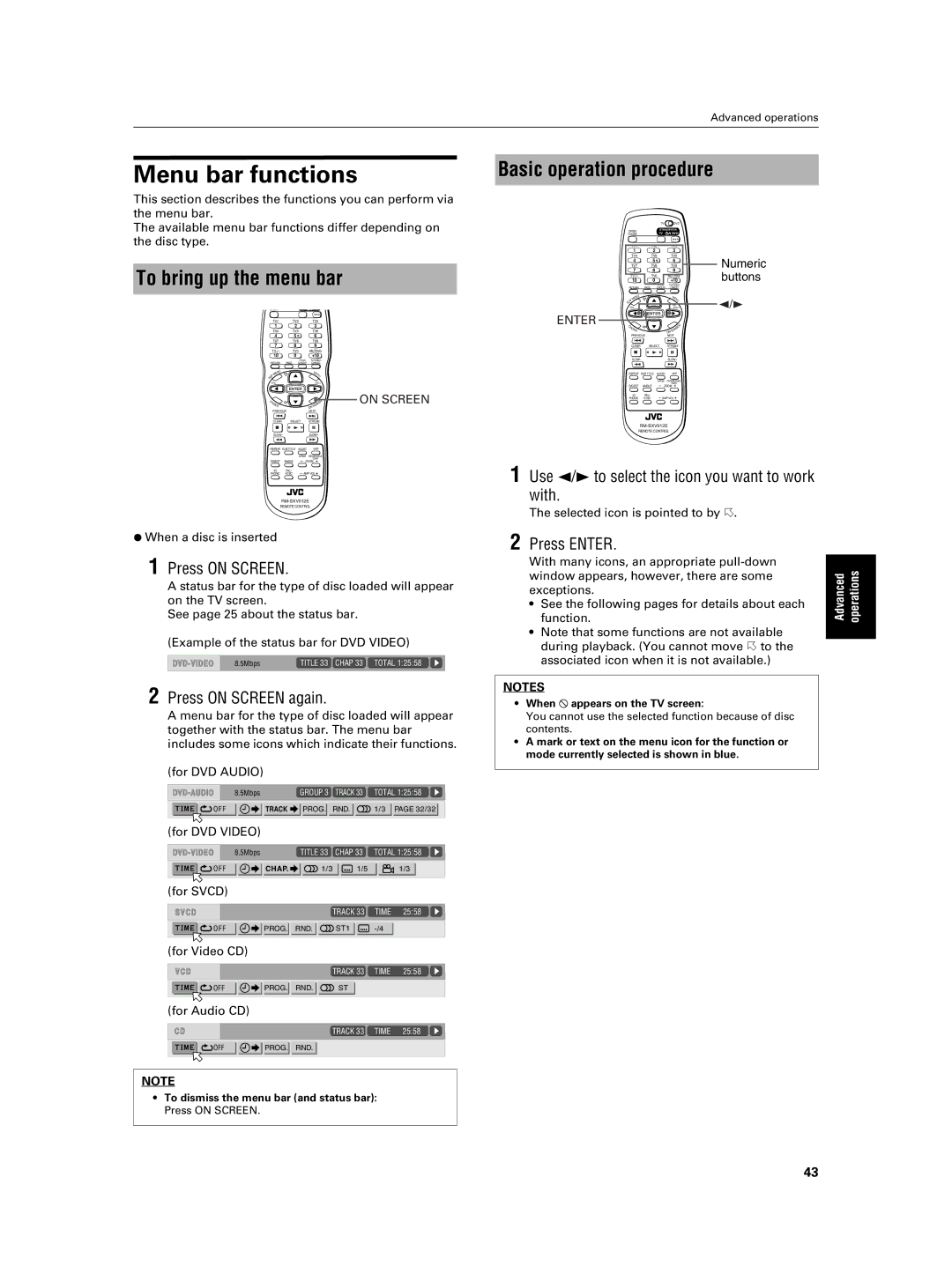 JVC XV-NA7SL manual Menu bar functions, Basic operation procedure, Use 2/3 to select the icon you want to work with 