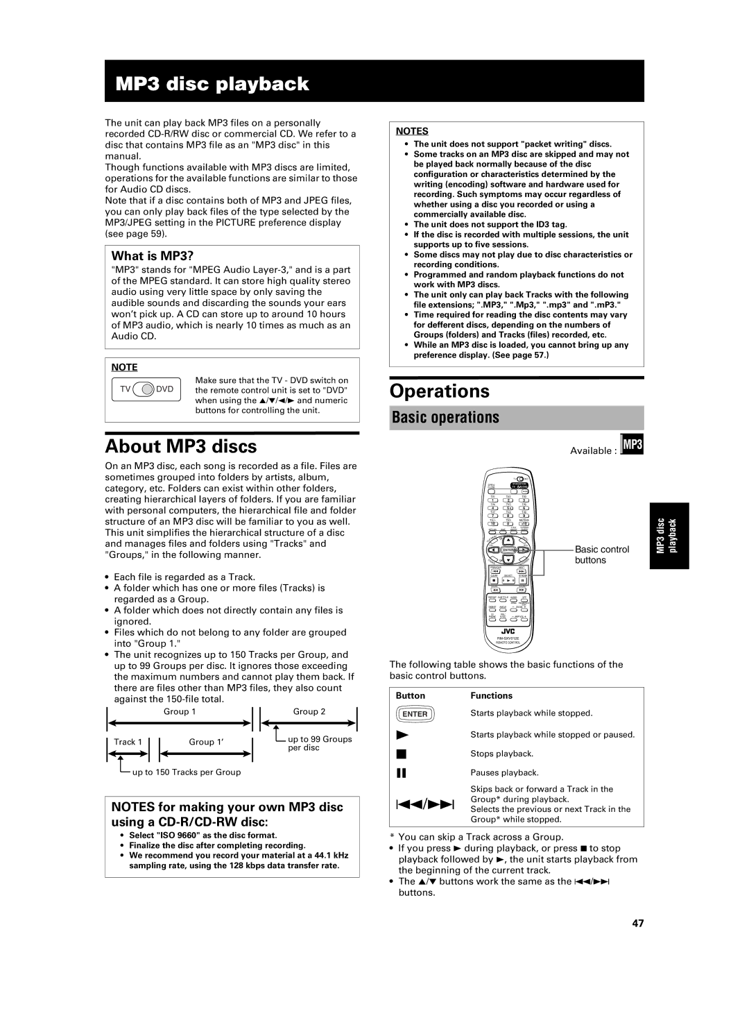 JVC XV-NA7SL manual About MP3 discs, Operations, Basic operations, What is MP3? 