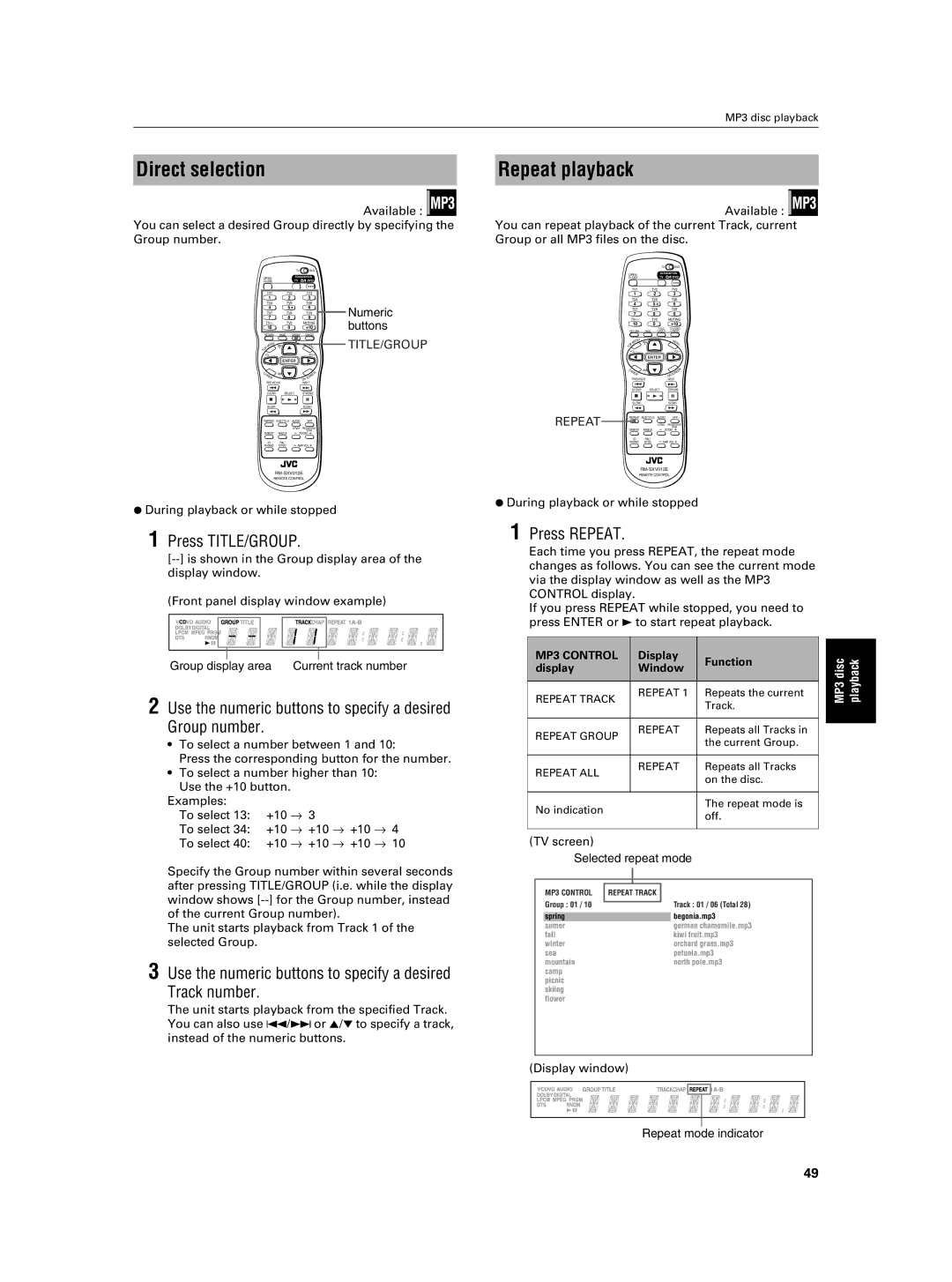 JVC XV-NA7SL Direct selection, Repeat playback, Use the numeric buttons to specify a desired Group number, Title/Group 