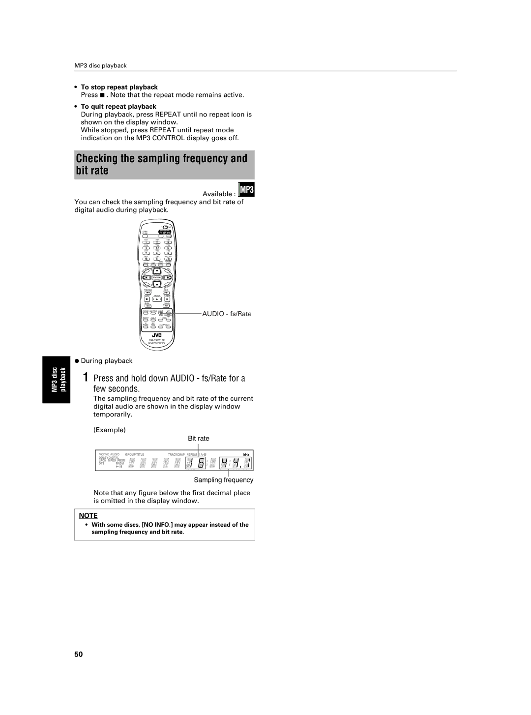 JVC XV-NA7SL manual Checking the sampling frequency and bit rate, To stop repeat playback 