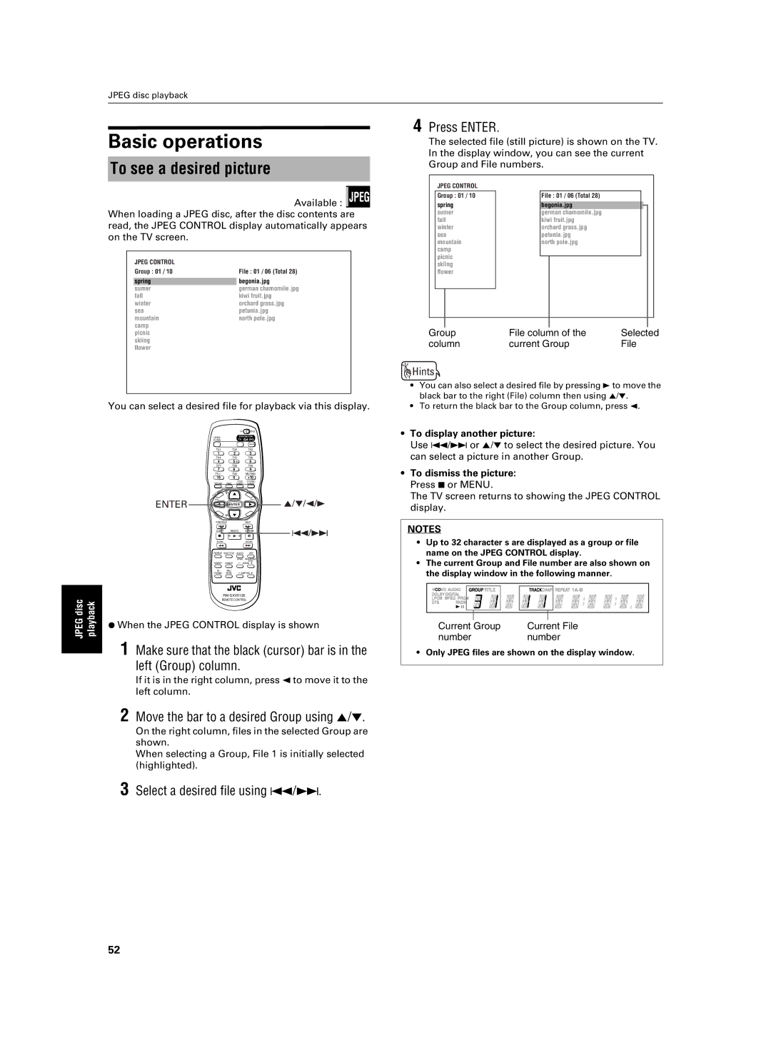 JVC XV-NA7SL manual Basic operations, To see a desired picture, Select a desired file using 4/¢, To display another picture 