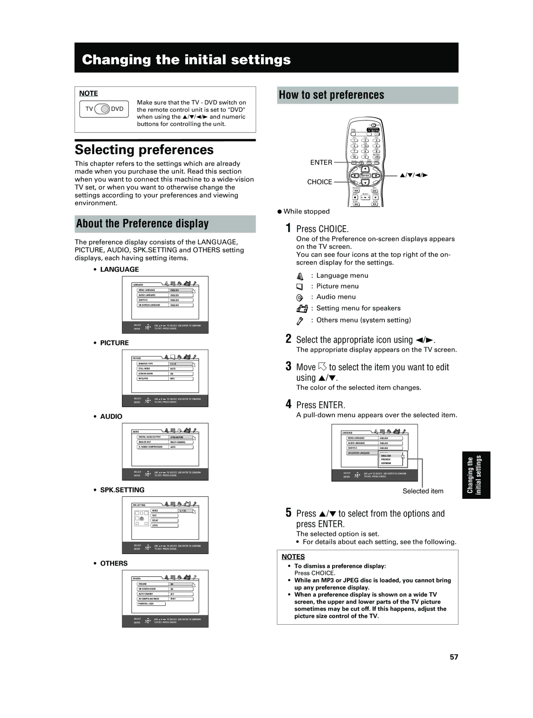 JVC XV-NA7SL manual Selecting preferences, How to set preferences, About the Preference display 