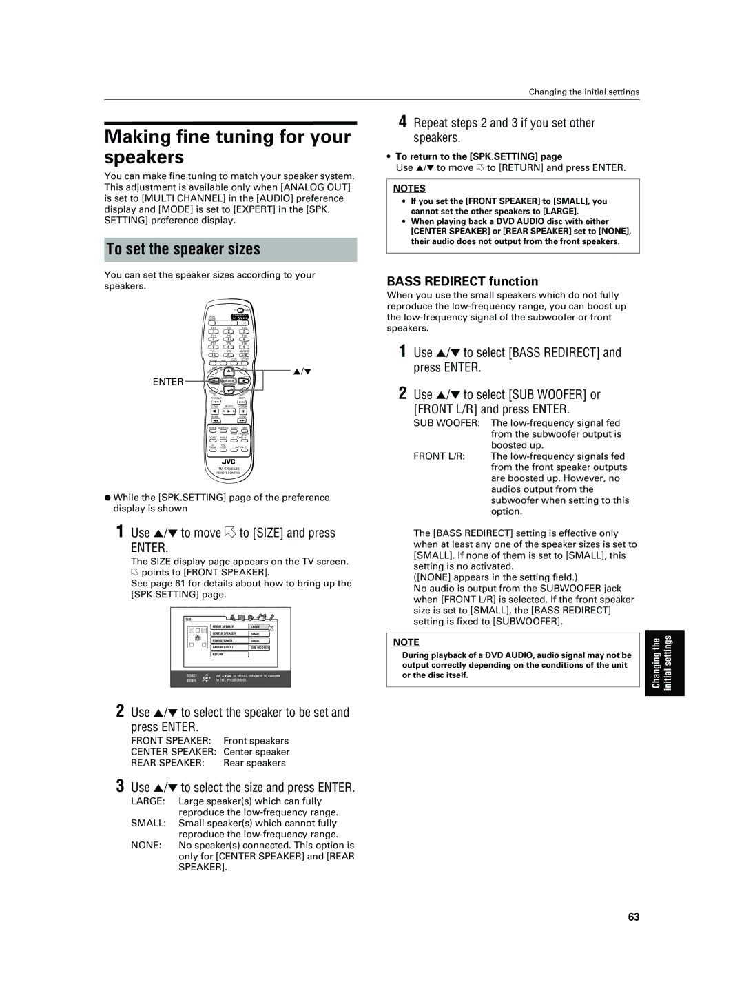 JVC XV-NA7SL manual Making fine tuning for your speakers, To set the speaker sizes, Bass Redirect function 