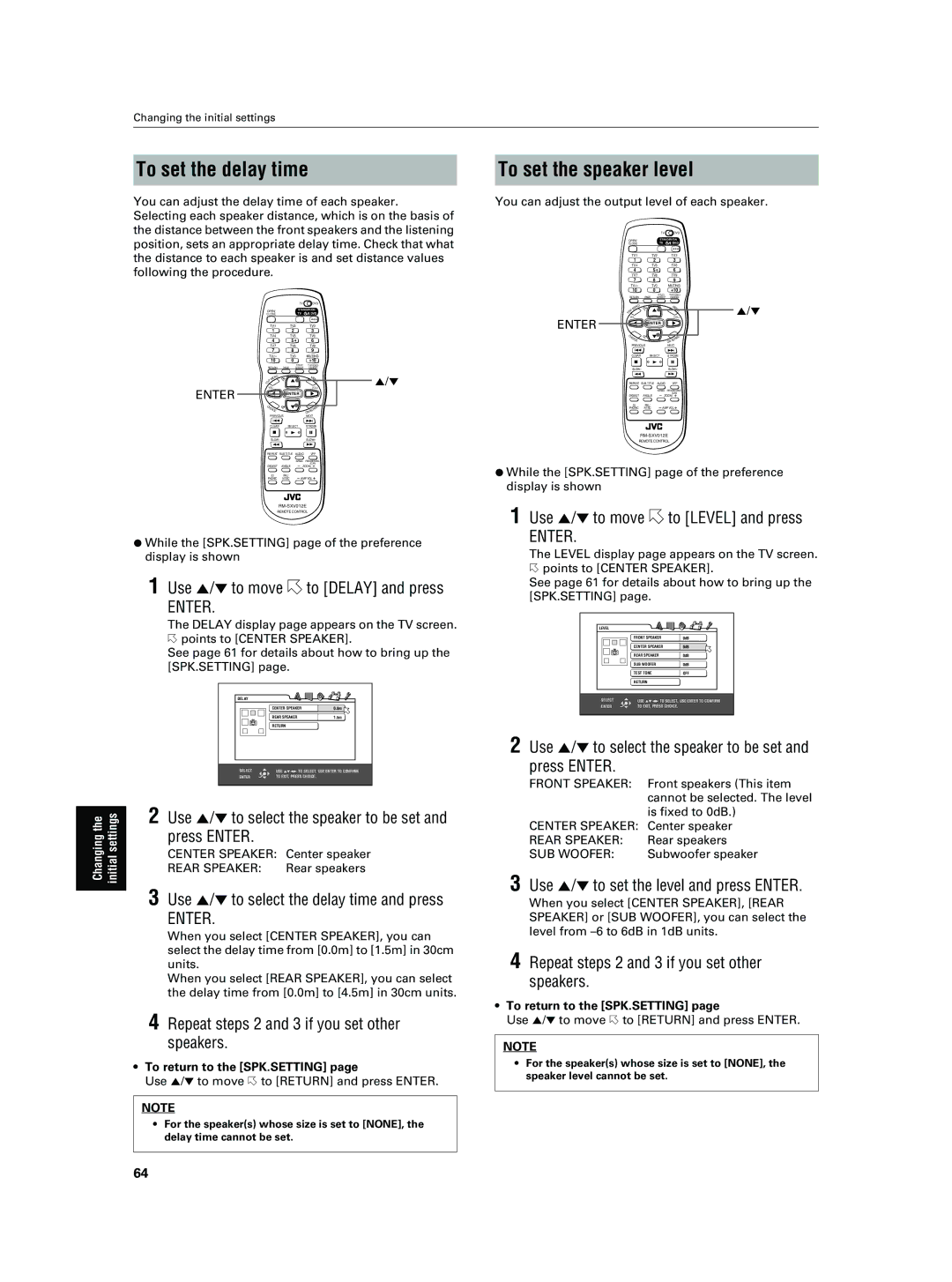 JVC XV-NA7SL manual To set the delay time, To set the speaker level 