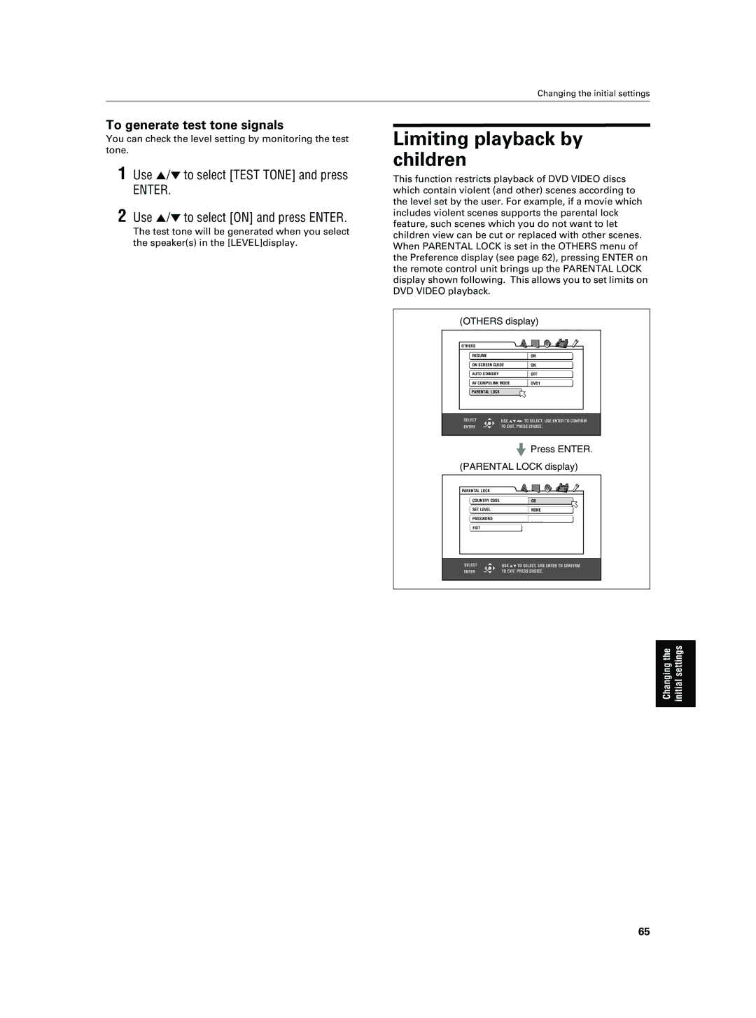 JVC XV-NA7SL manual Limiting playback by children, To generate test tone signals, Use 5/∞ to select Test Tone and press 