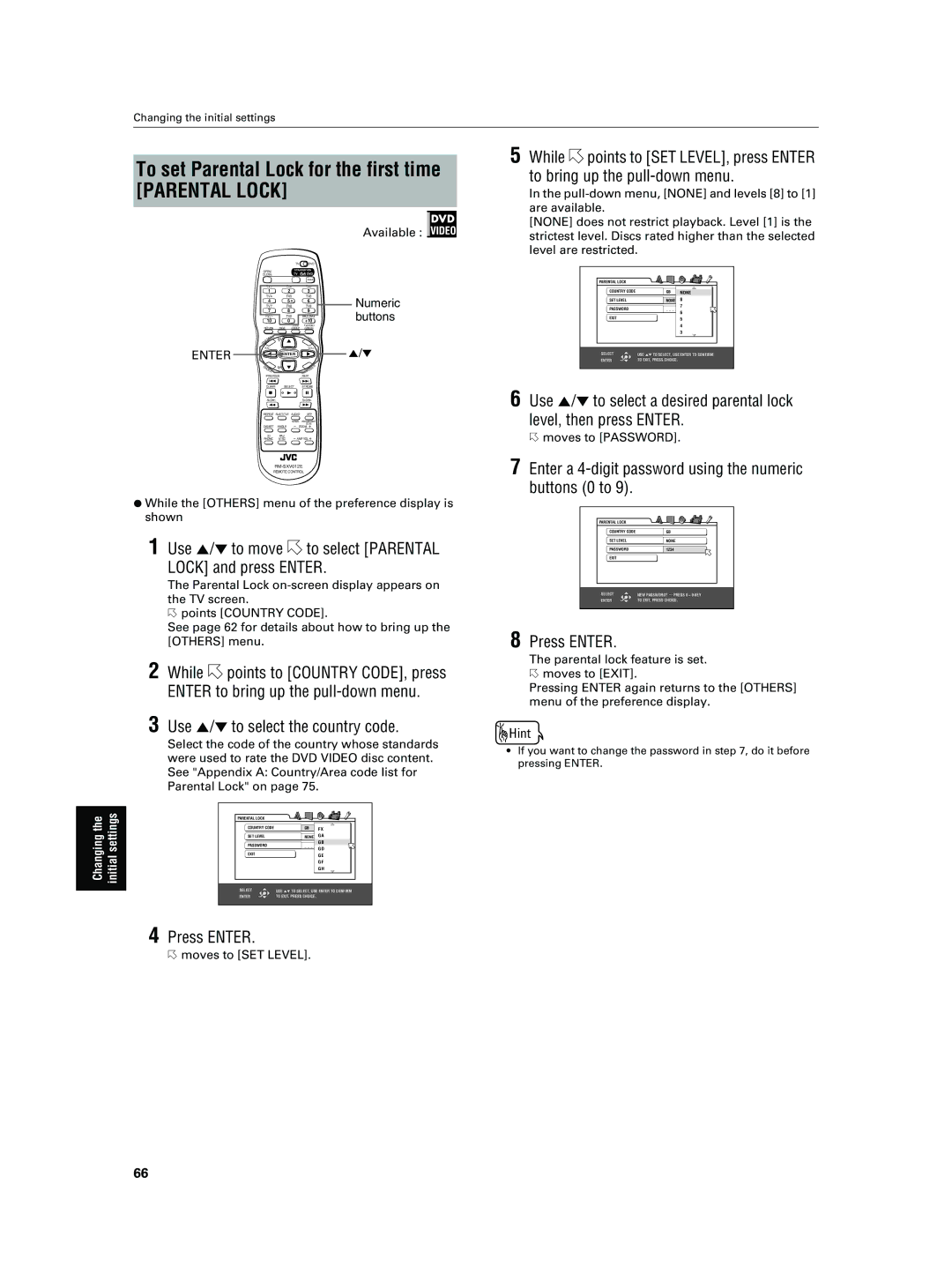 JVC XV-NA7SL manual To set Parental Lock for the first time, Use 5/∞ to move to select Parental Lock and press Enter 