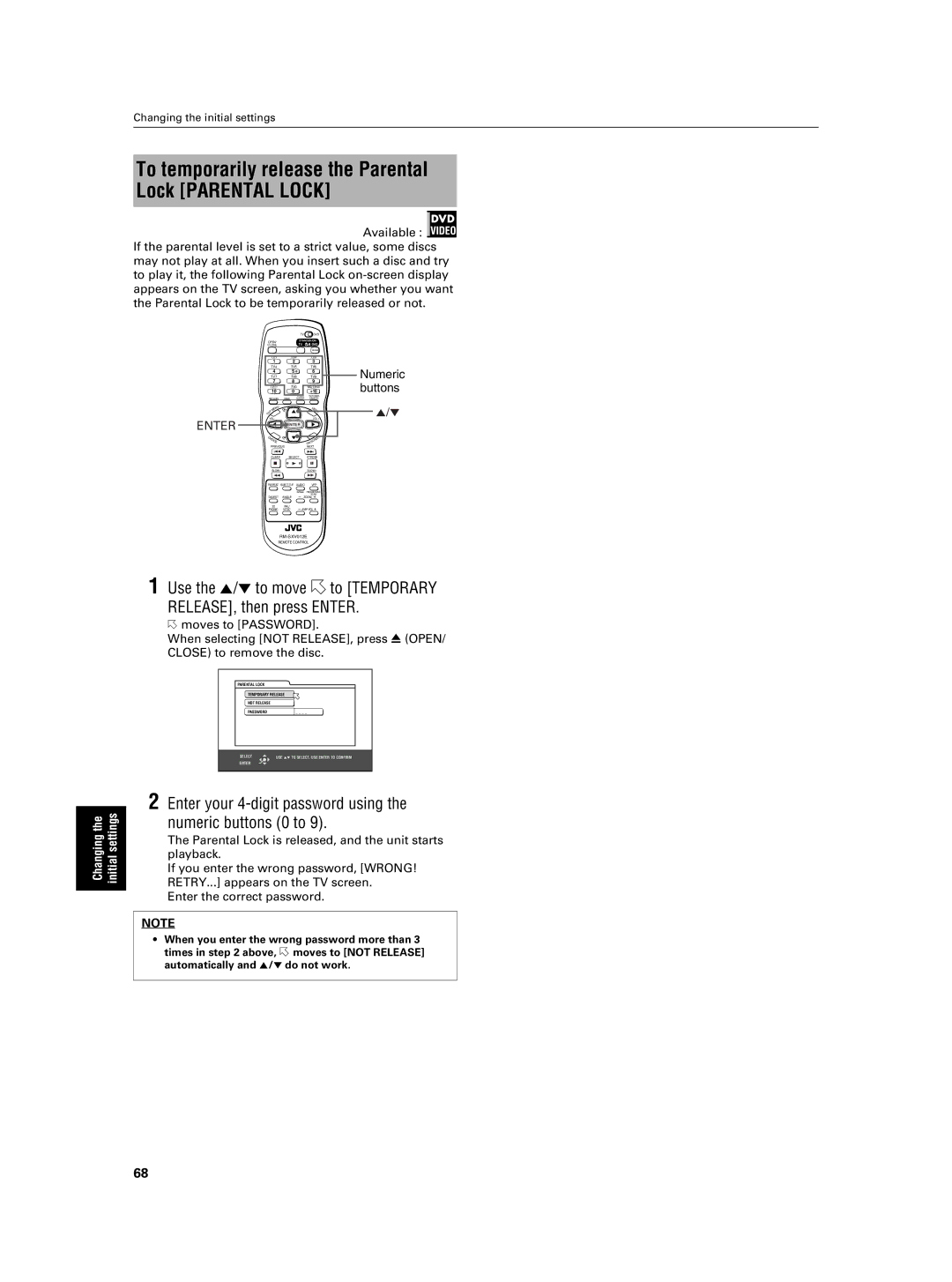 JVC XV-NA7SL manual To temporarily release the Parental Lock Parental Lock 