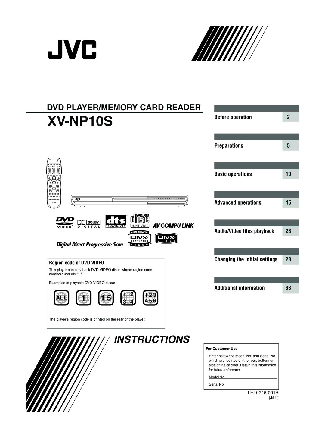 JVC XV-NP10S manual Region code of DVD Video, Audio/Video files playback Changing the initial settings, Before operation 